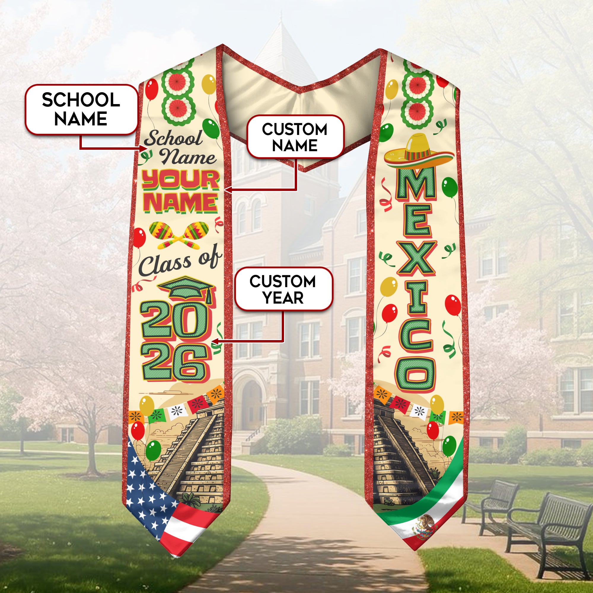 Mexican Graduation Sash 2026, Mexico Flag Stole, Name Detail Option for Ceremony Photos