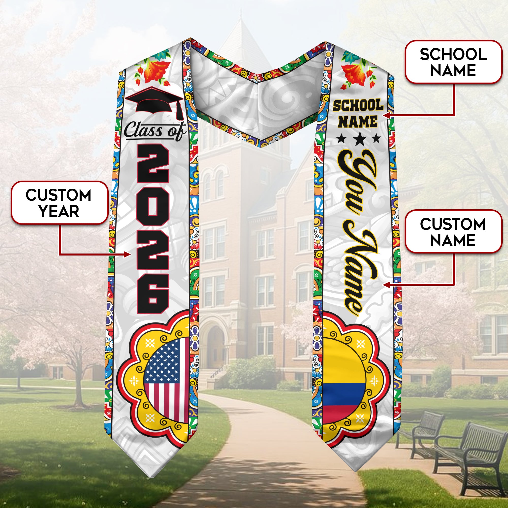 Colombian Graduation Stole 2026, Colombia Flag Sash, Graduation Stole with Custom Details