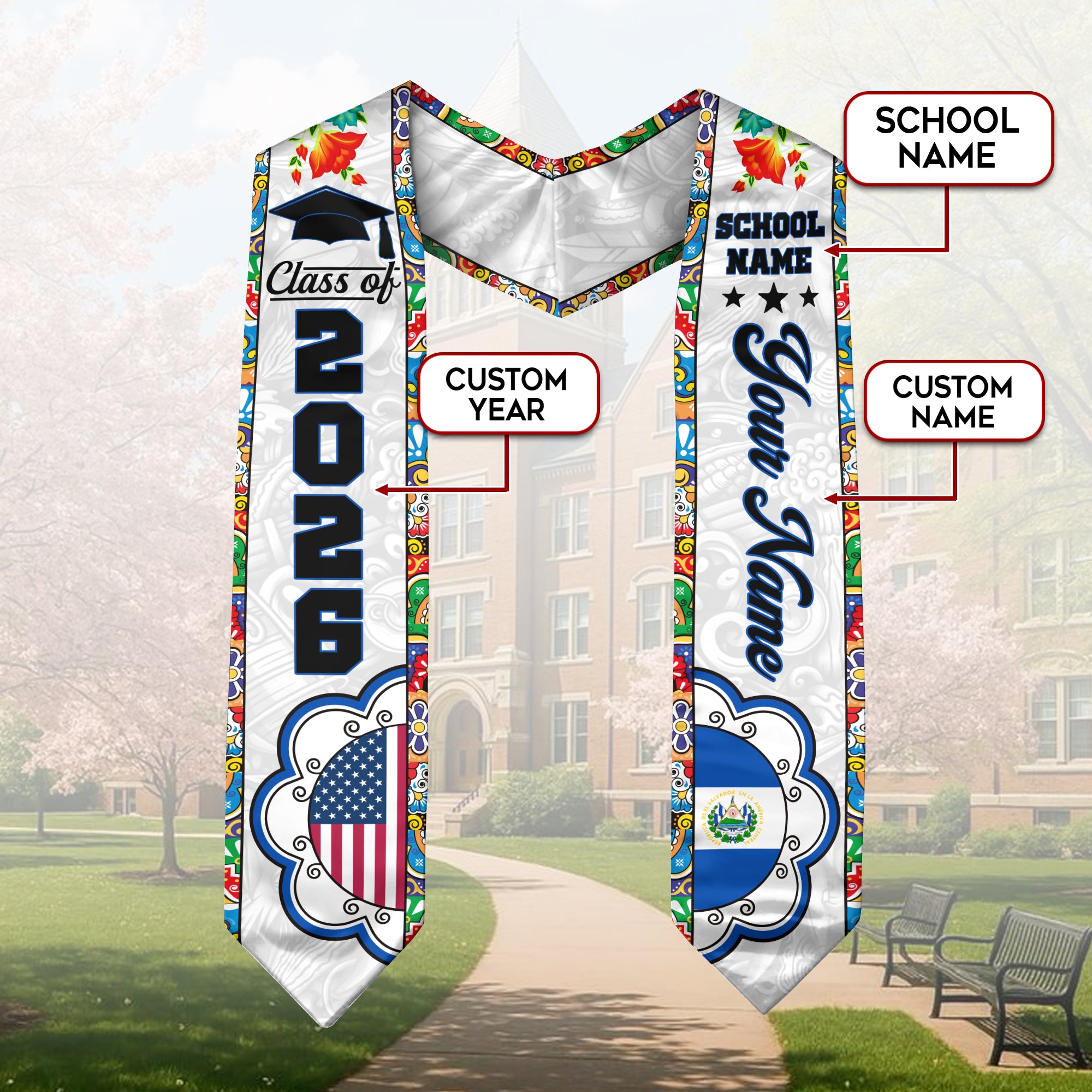 Customized El Salvador American Graduation Stole, El Salvador Flag Graduation Sash, Class of 2026