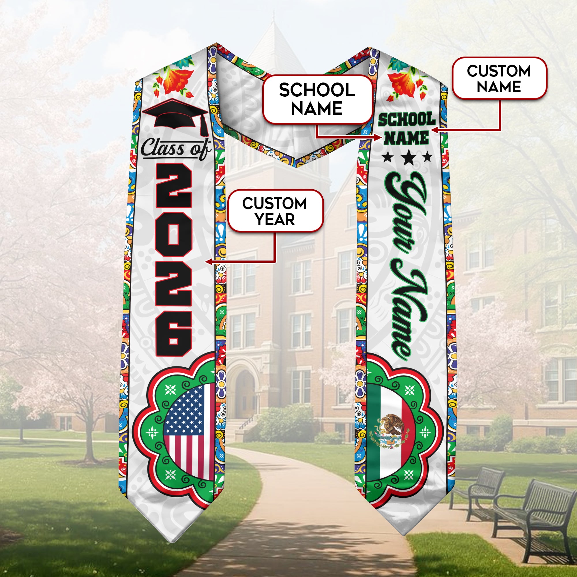 2026 Mexico Flag Graduation Stole, Mexican Sash for Grads, Optional Name Detail