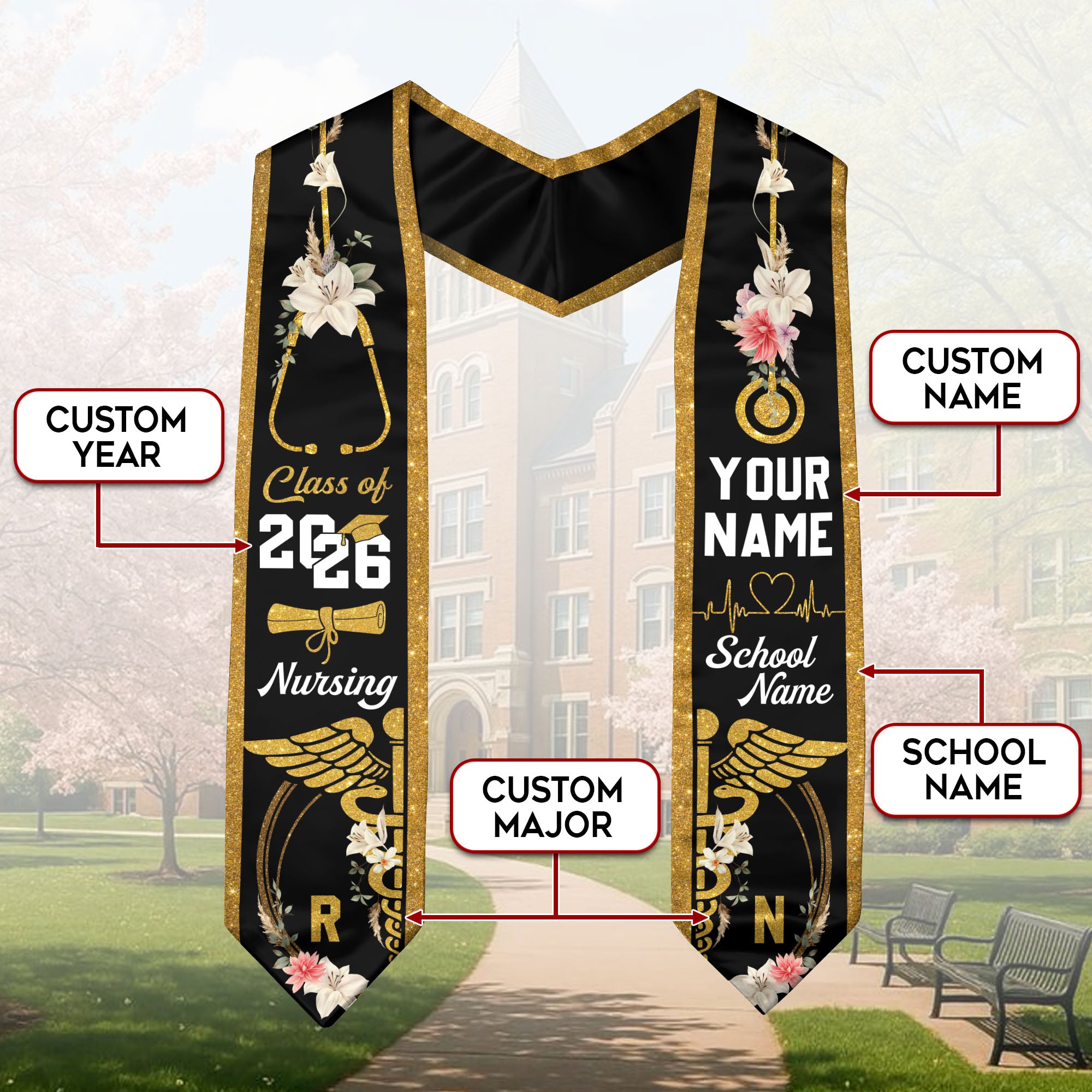 Customized Nursing Graduation Stole for RN Graduates, Professional BSN Sash Class of 2026