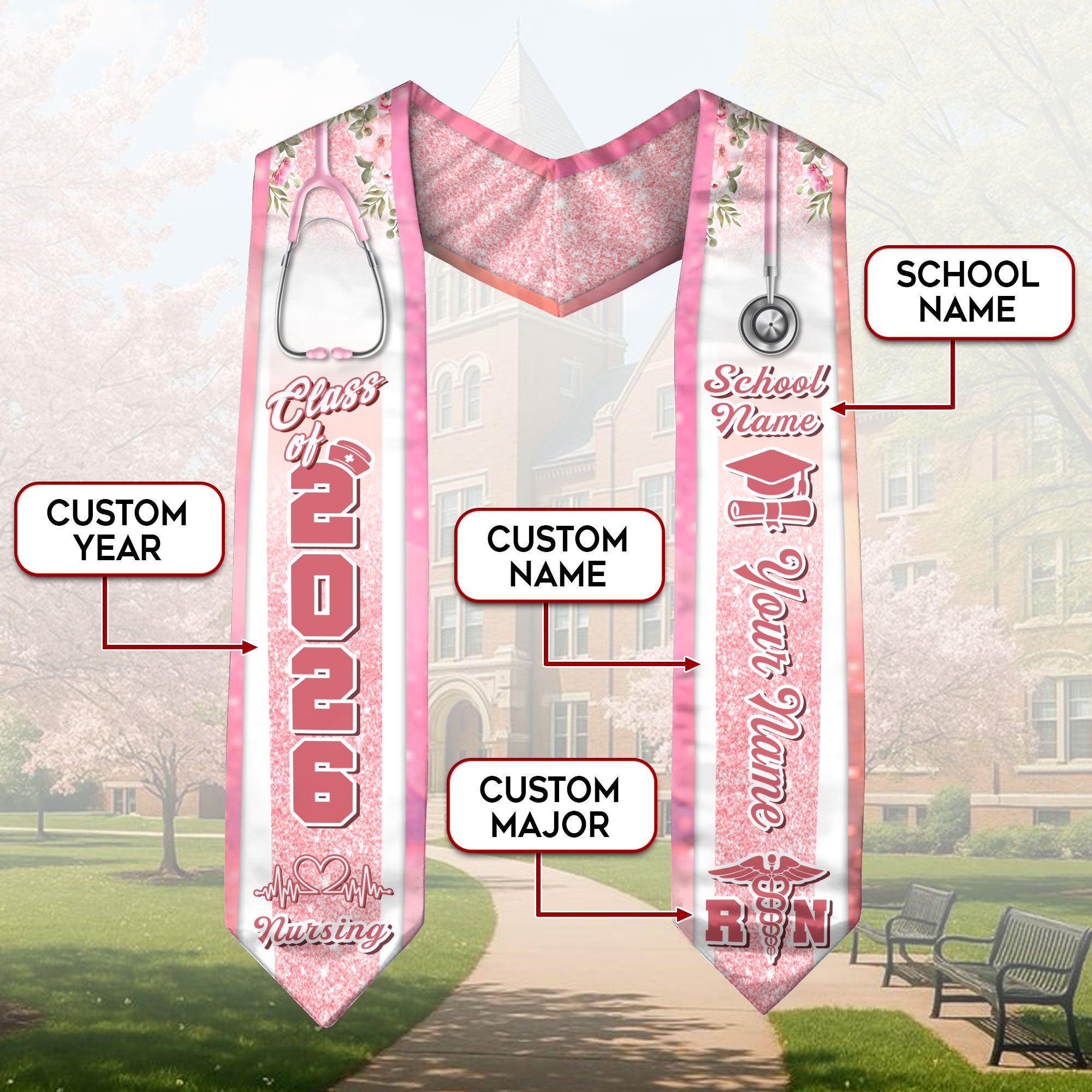 Customized RN and BSN Nursing Graduation Stole, Elegant Nurse Sash for Class of 2026