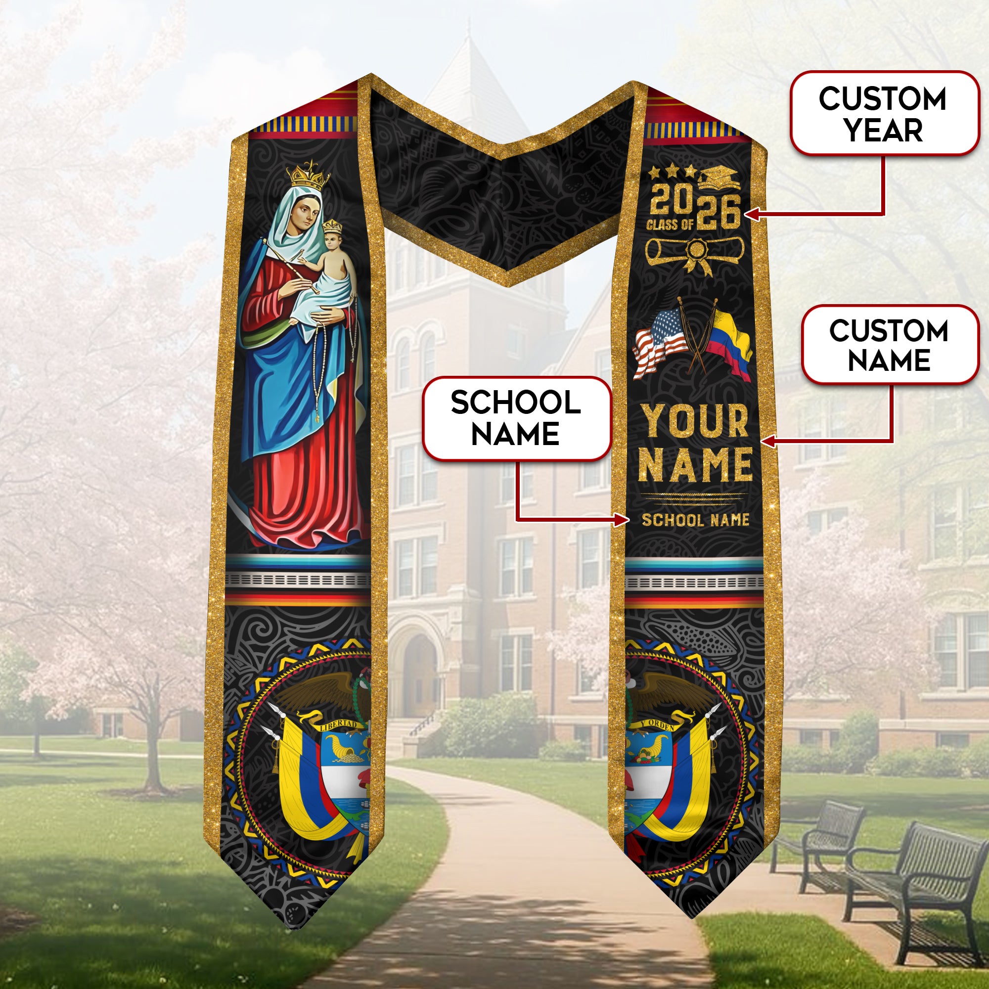 Colombia Graduation Stole 2026, Colombian Flag Sash, Tailored Detail for Class of 2026