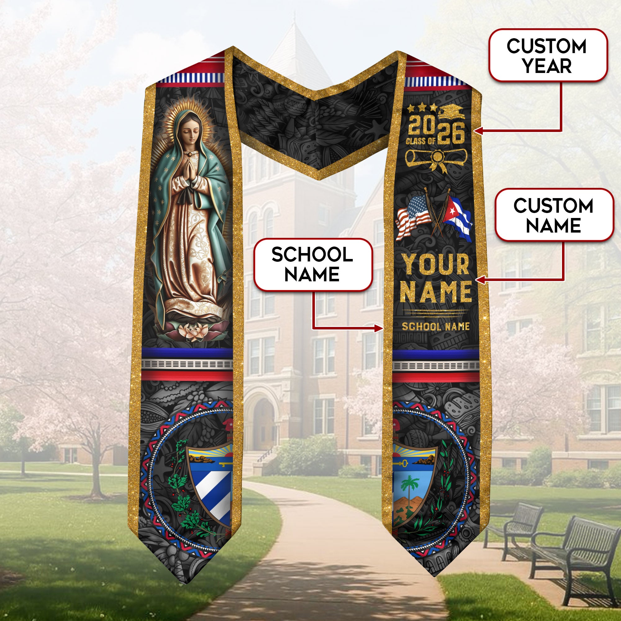 Cuba Graduation Stole 2026, Cuban Flag Sash, Tailored Detail for Class of 2026 Graduates