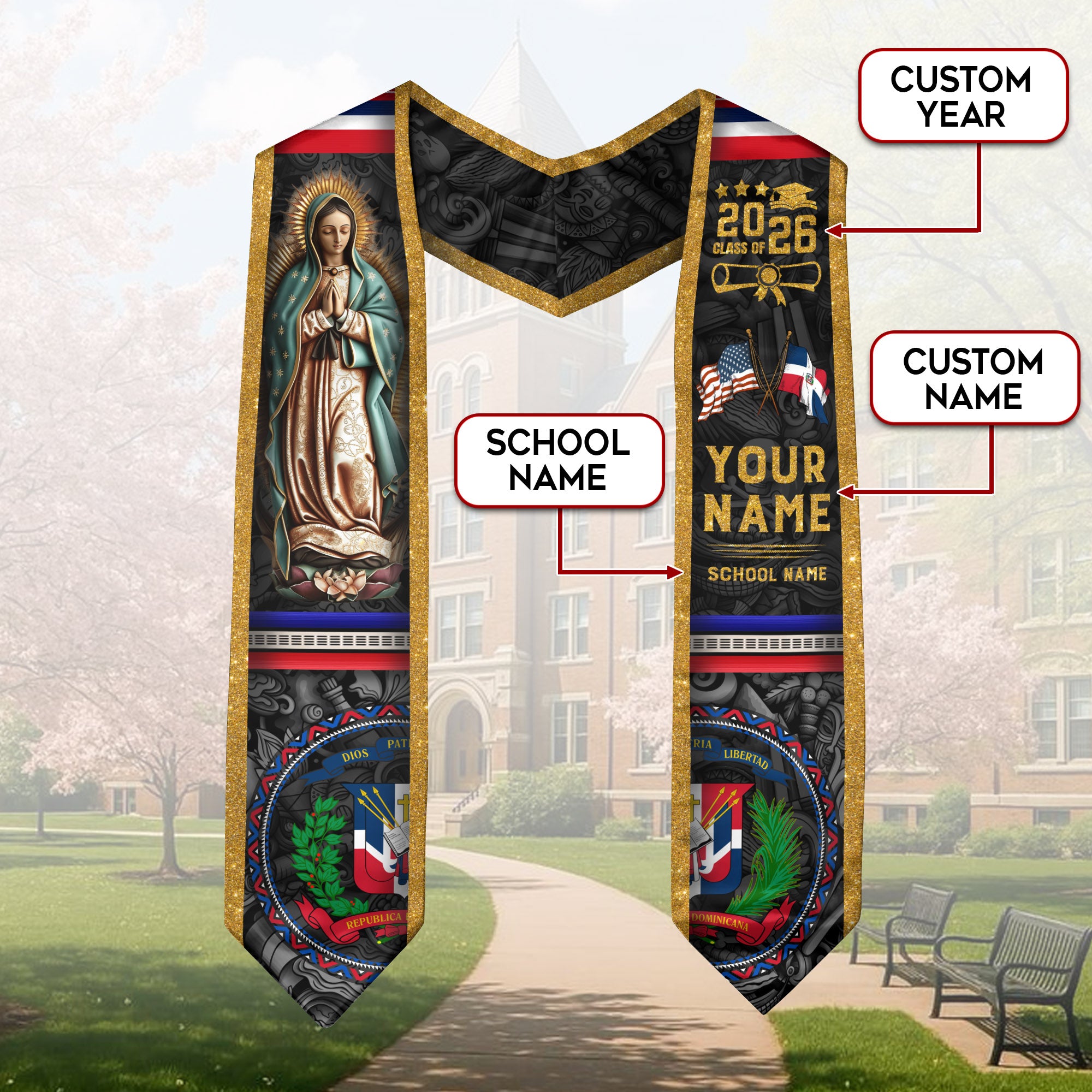 Dominican Graduation Stole 2026, Dominican Flag Sash, Custom Detail Option for Graduates