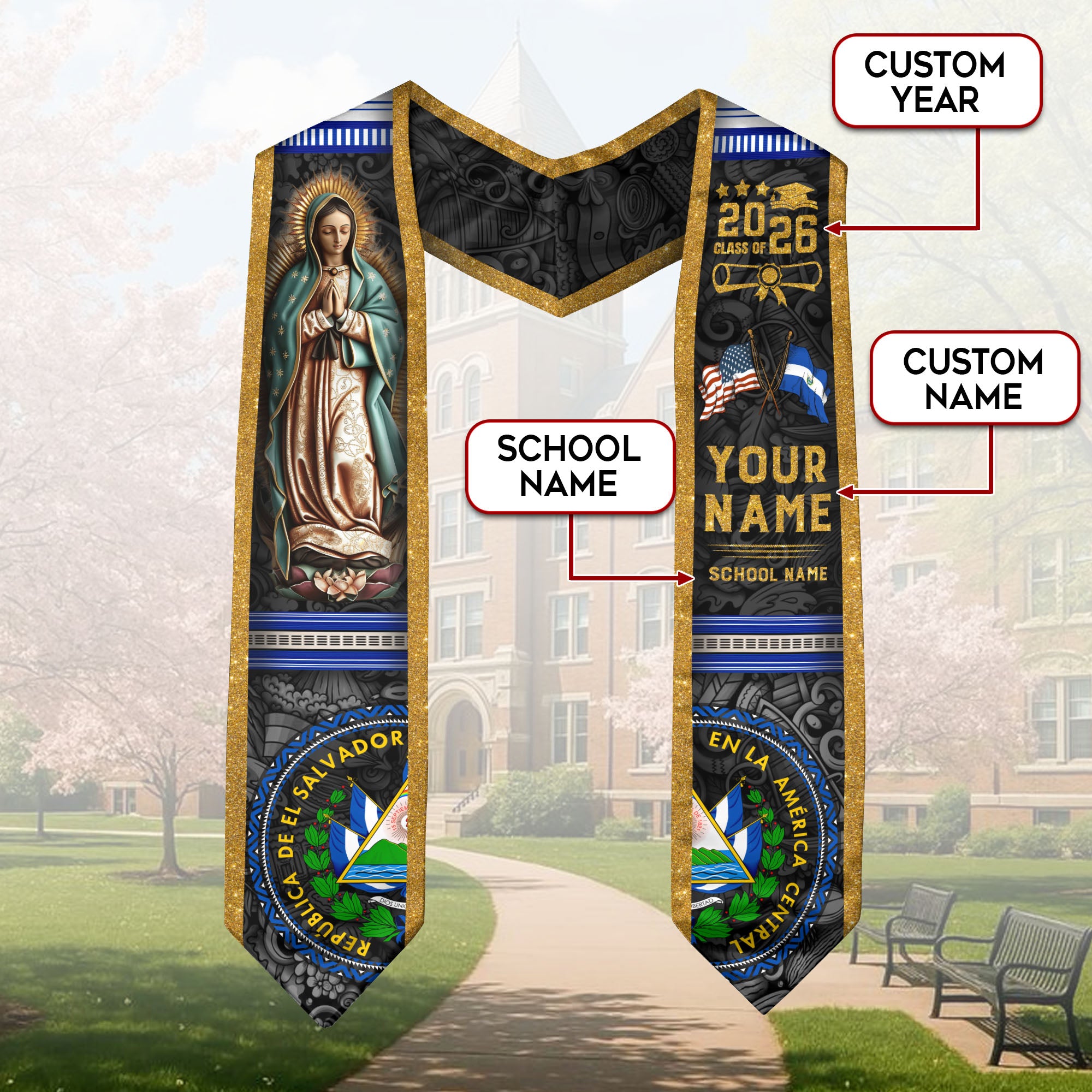 El Salvador Graduation Stole 2026, Salvadoran Flag Graduation Sash, Custom Grad Stole