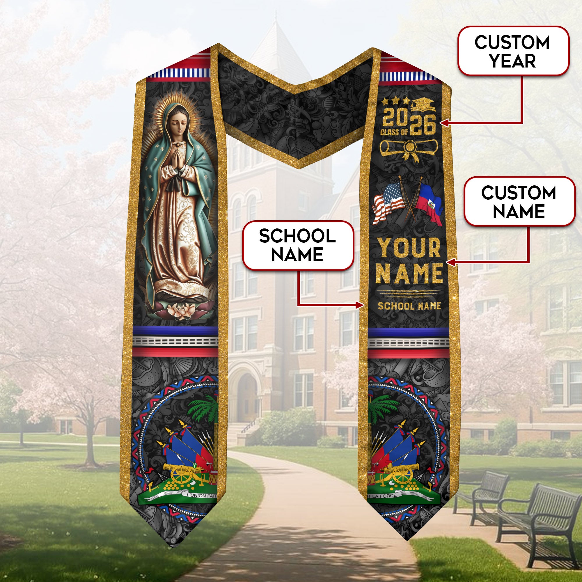 Haiti Graduation Stole 2026, Haitian Flag Sash, Tailored Detail for Class of 2026 Grads