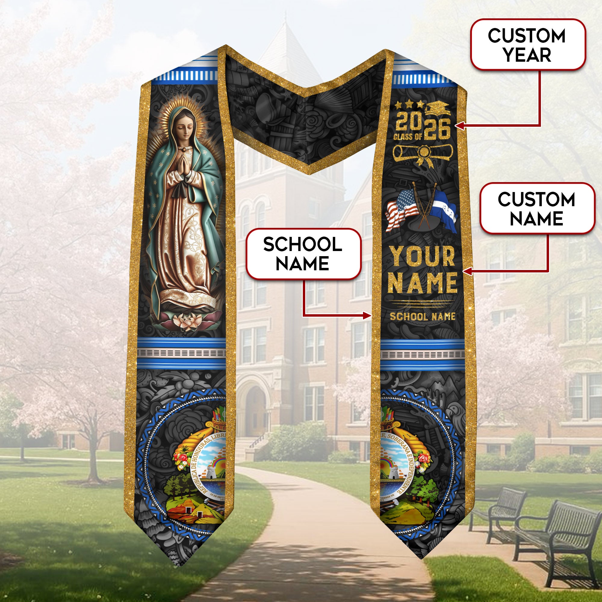 Honduras Graduation Stole 2026, Honduran Flag Graduation Sash, Custom Detail Stole