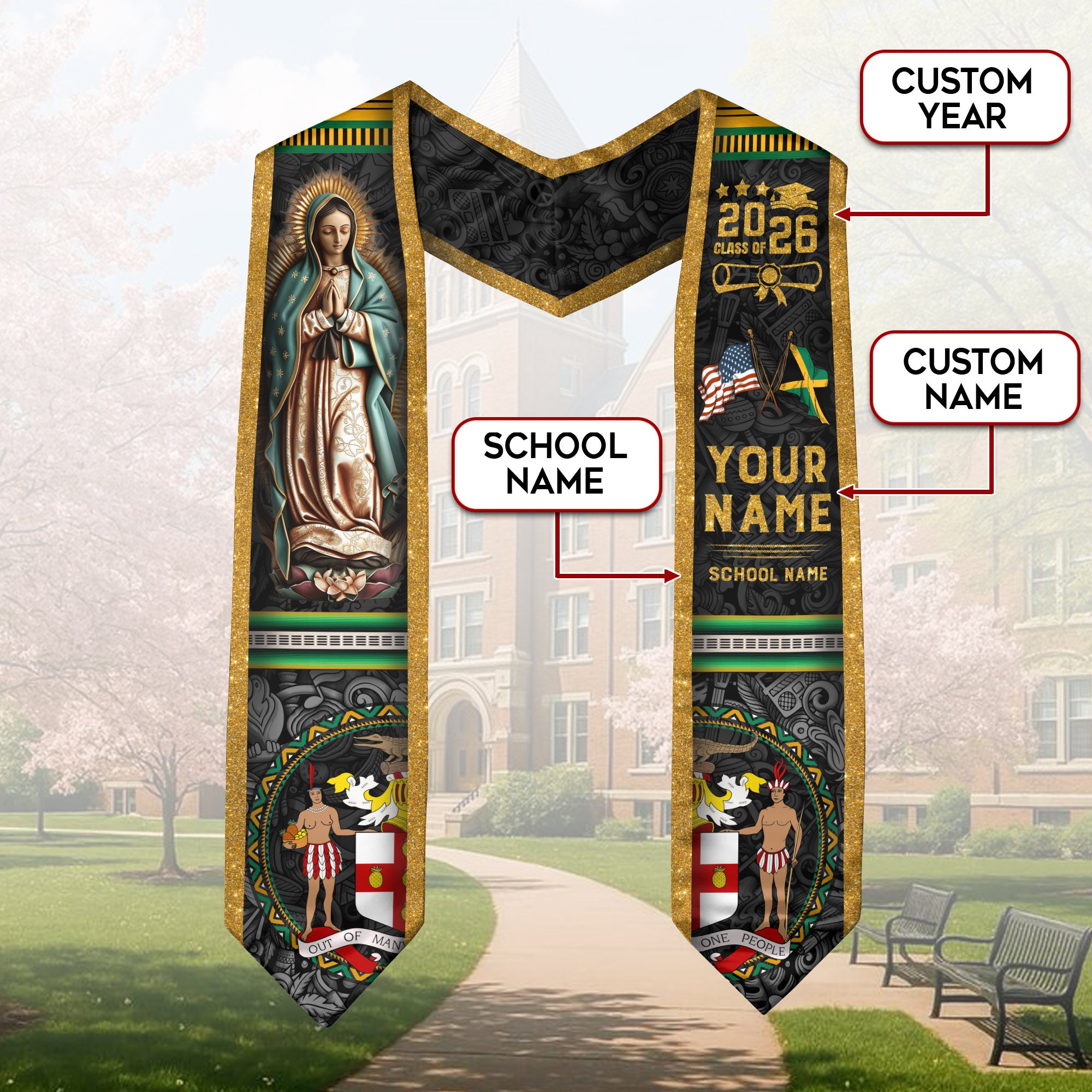 Jamaica Graduation Stole 2026, Jamaican Flag Graduation Sash, Custom Grad Stole 2026