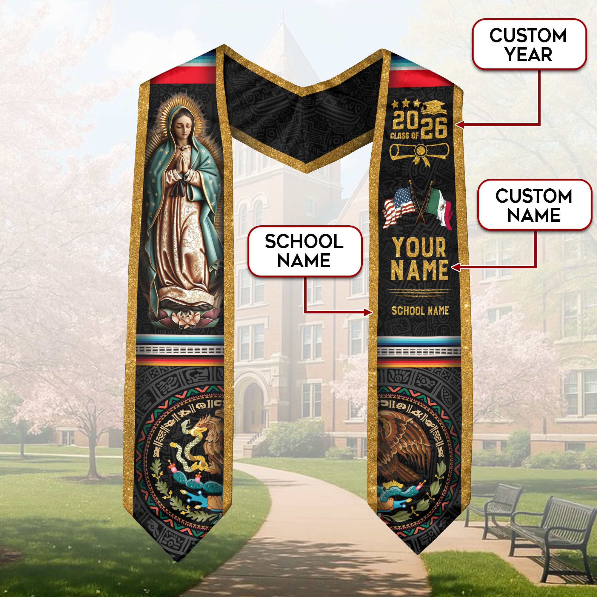 Mexican Graduation Sash 2026 Custom, Mexican American Flag Stole, Mexico Graduation Stole