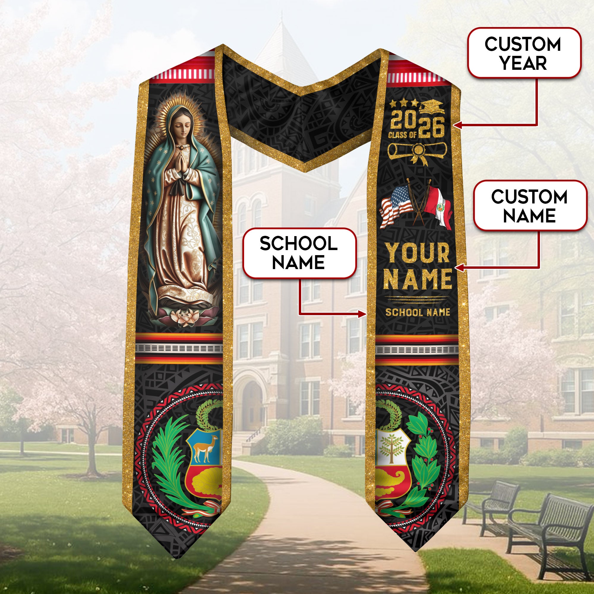 Peru Graduation Stole 2026, Peruvian Flag Sash, Tailored Detail for Class of 2026 Grads