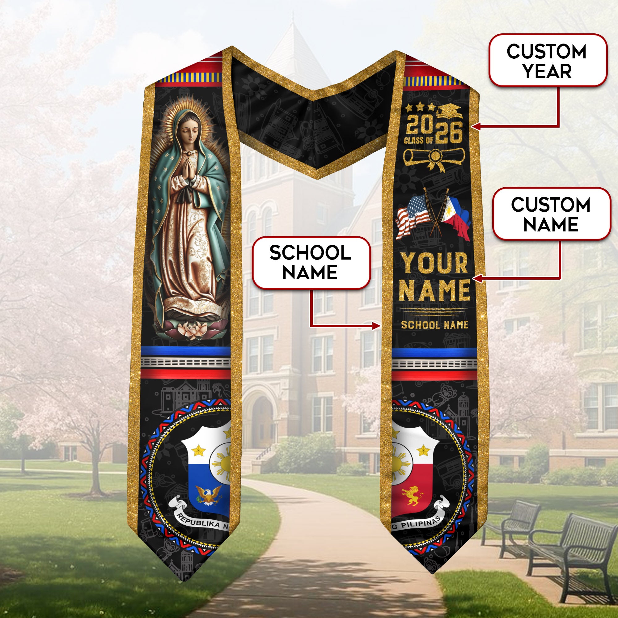 Philippines Graduation Stole 2026, Filipino Flag Graduation Sash, Custom Grad Stole 2026