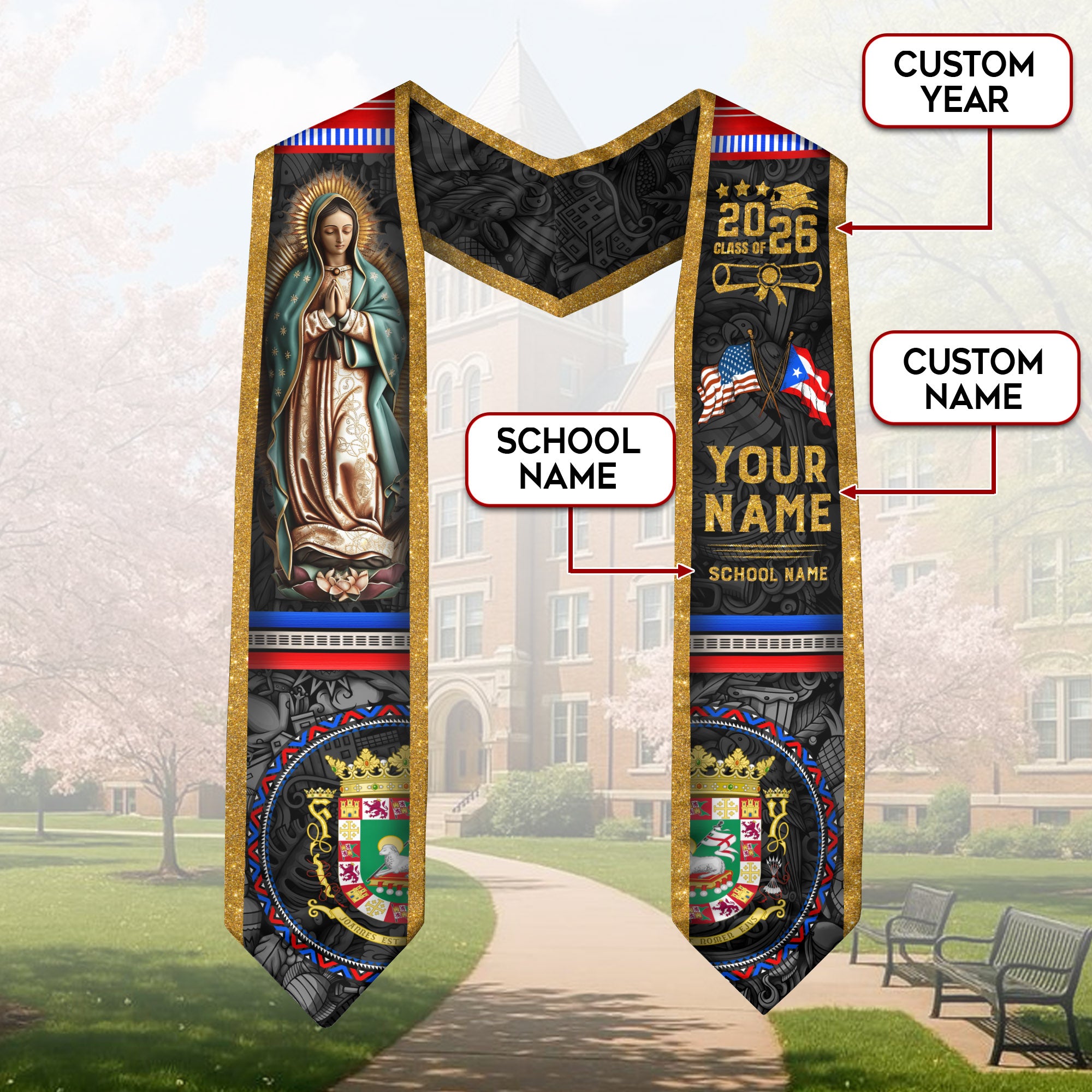 Puerto Rico Graduation Stole 2026, Puerto Rican Flag Sash, Custom Detail Option for Grads, Puerto Rico Sash