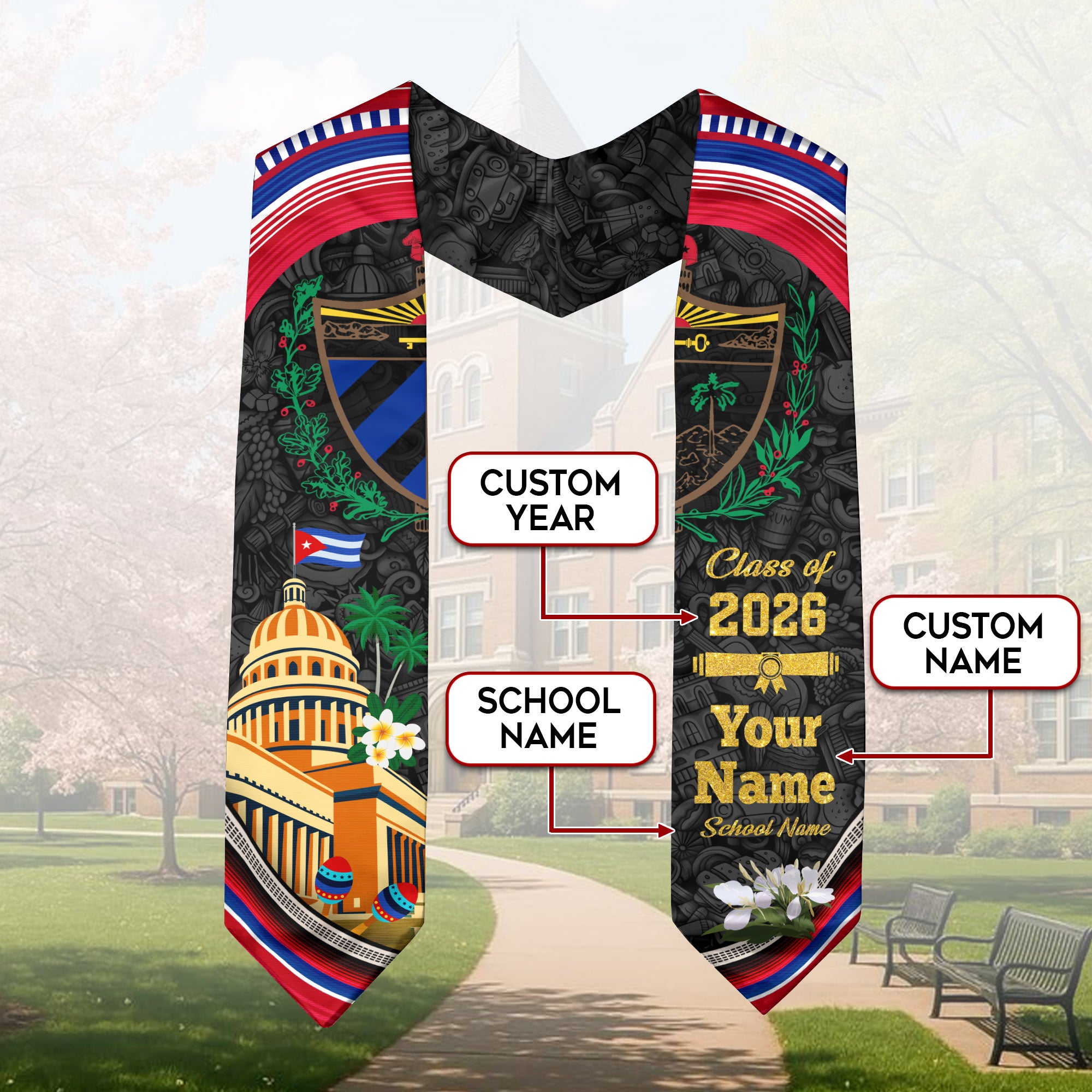 Cuban Flag Graduation Sash 2026, Cuba Stole, Signature Custom Finish for Graduates 2026