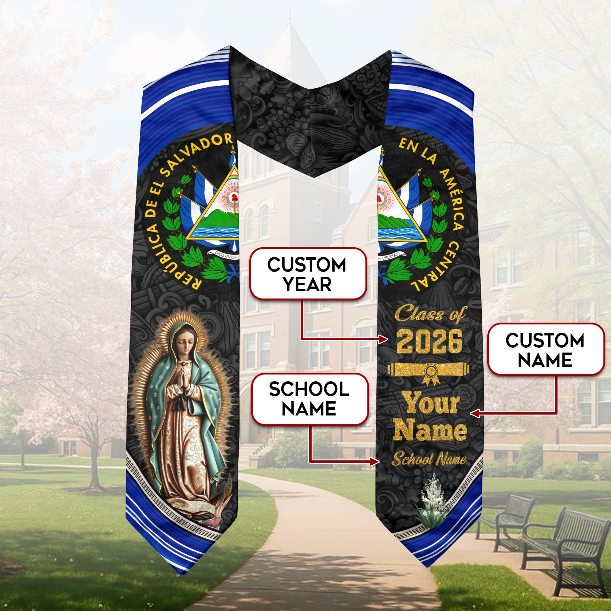 Salvadoran Flag Graduation Sash 2026, El Salvador Stole, Custom Graduation Stole