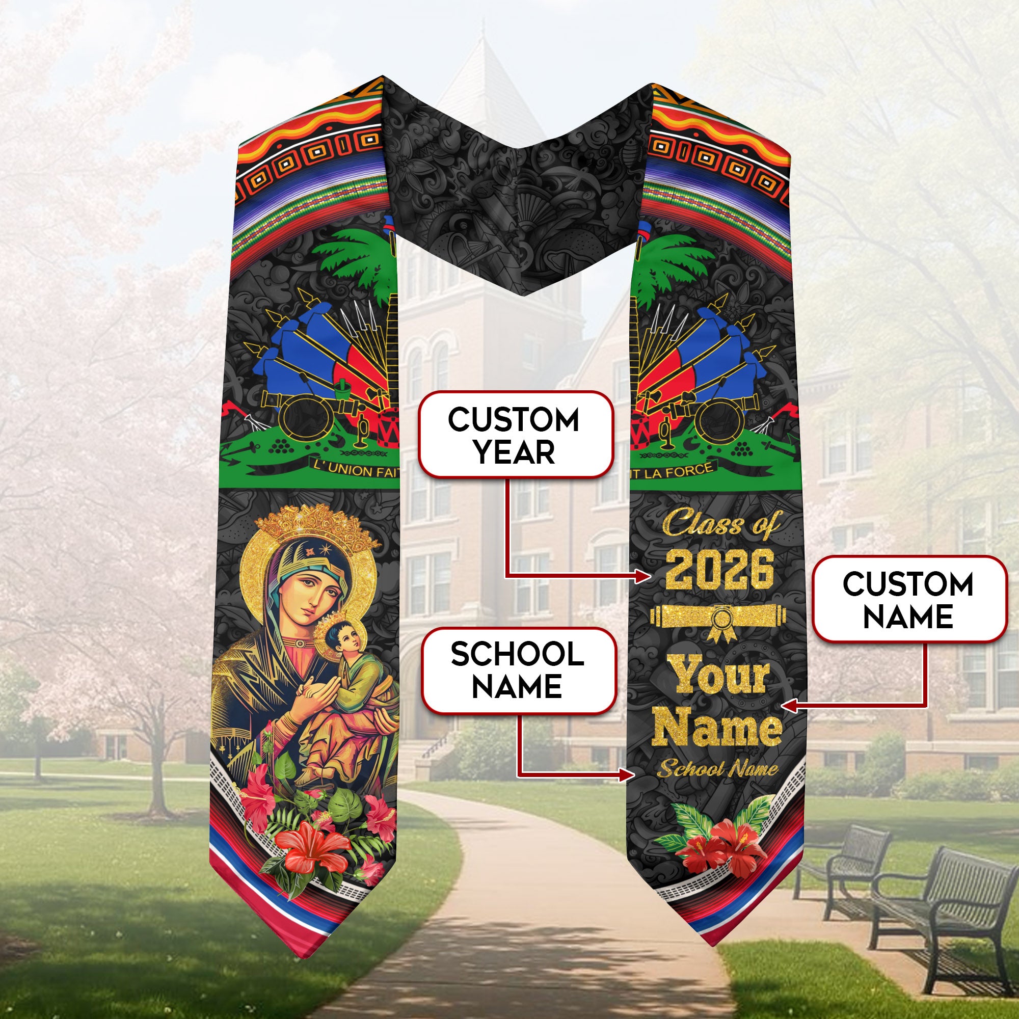 Haitian Flag Graduation Sash 2026, Haiti Stole, Signature Custom Finish for Graduates