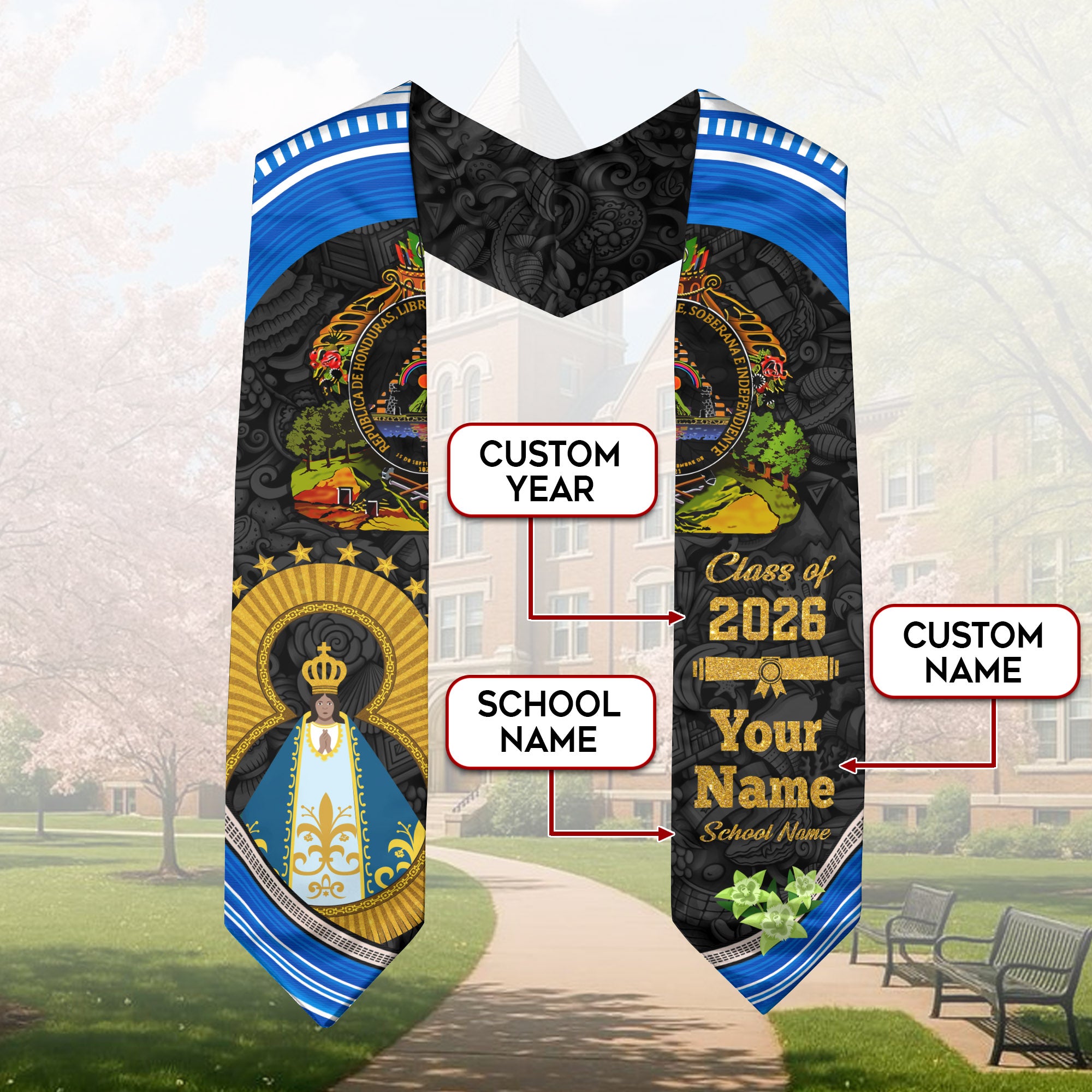 Honduran Flag Graduation Sash 2026, Honduras Stole for Grads, Custom Finish Stole