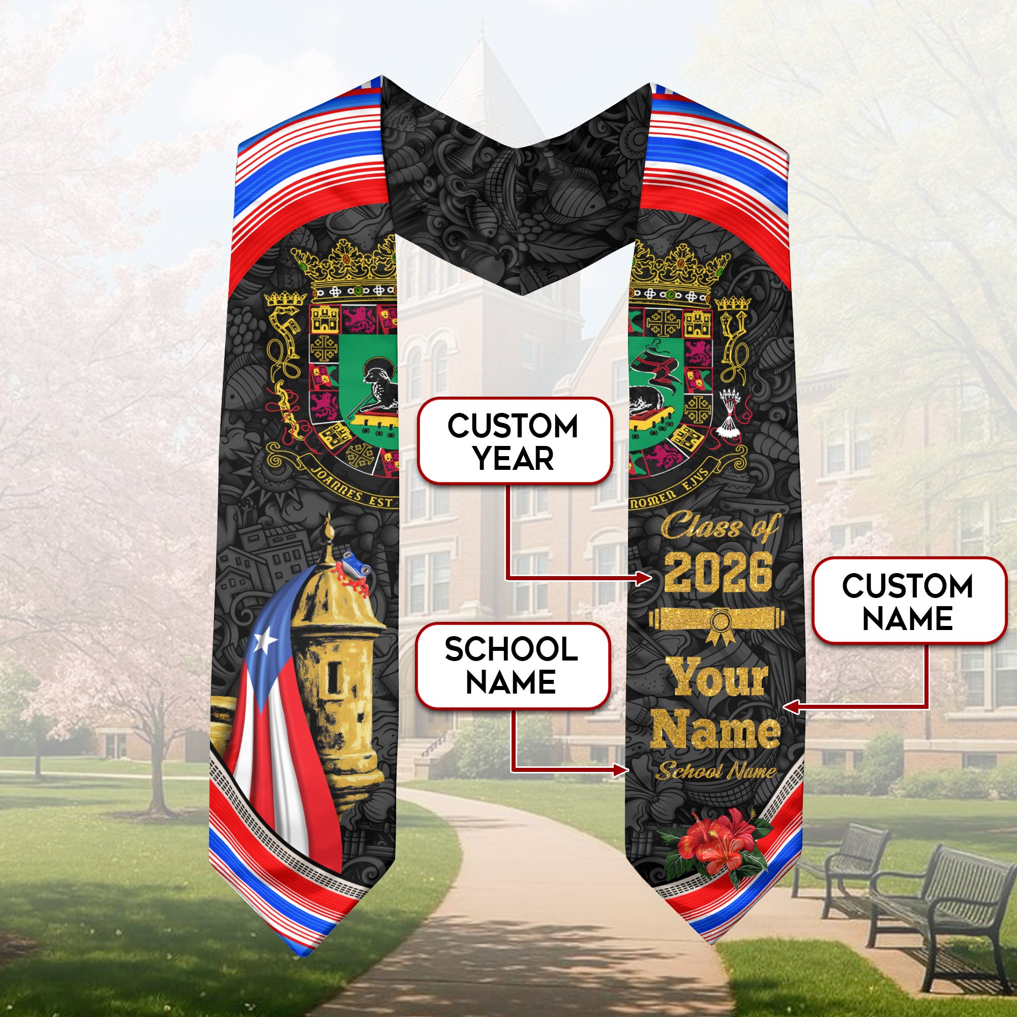 Puerto Rican Flag Graduation Sash 2026, PuertoRico Graduation Stole, Custom Accent 2026