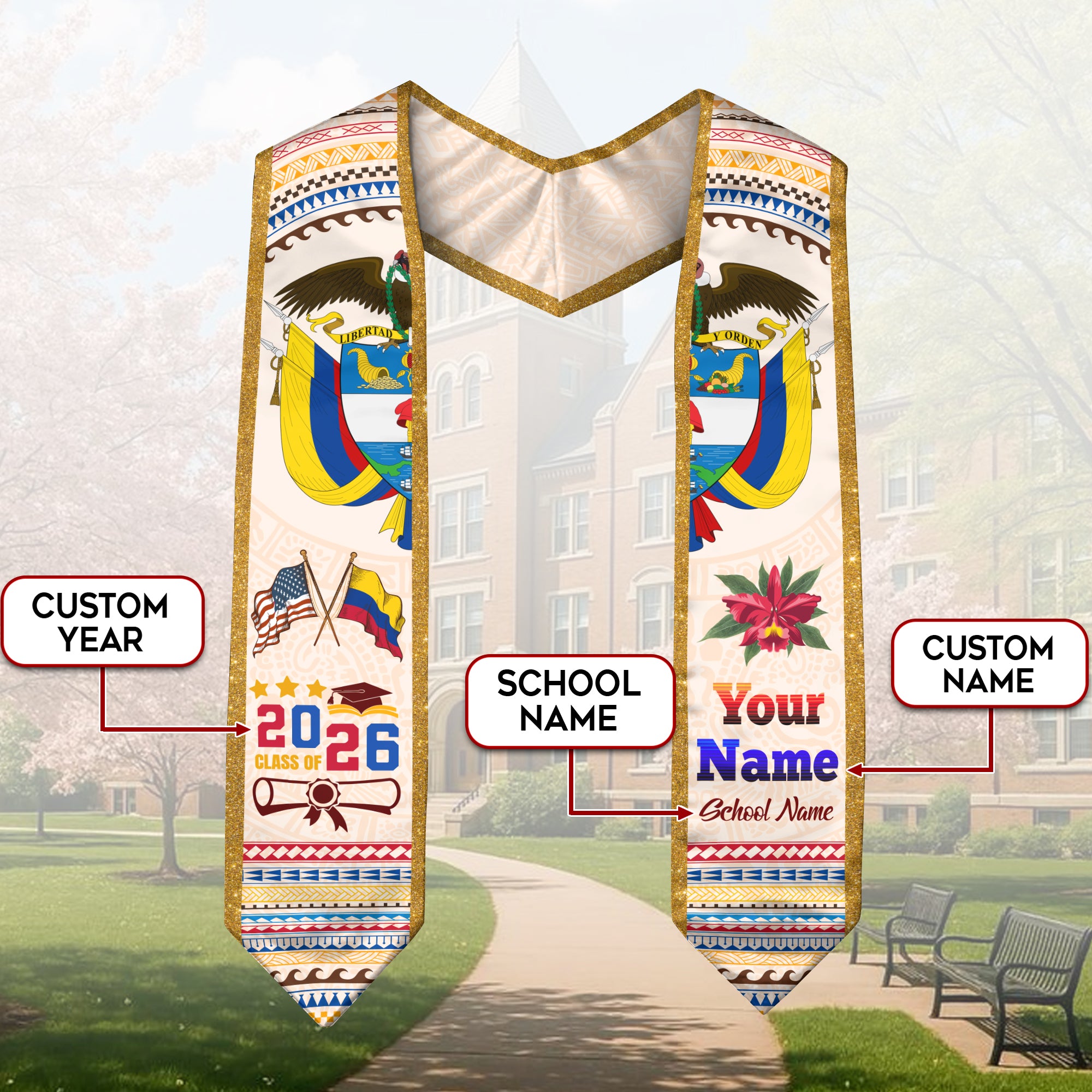 Class of 2026 Colombia Graduation Sash, Colombian Flag Stole, Custom-Ready Grad Style