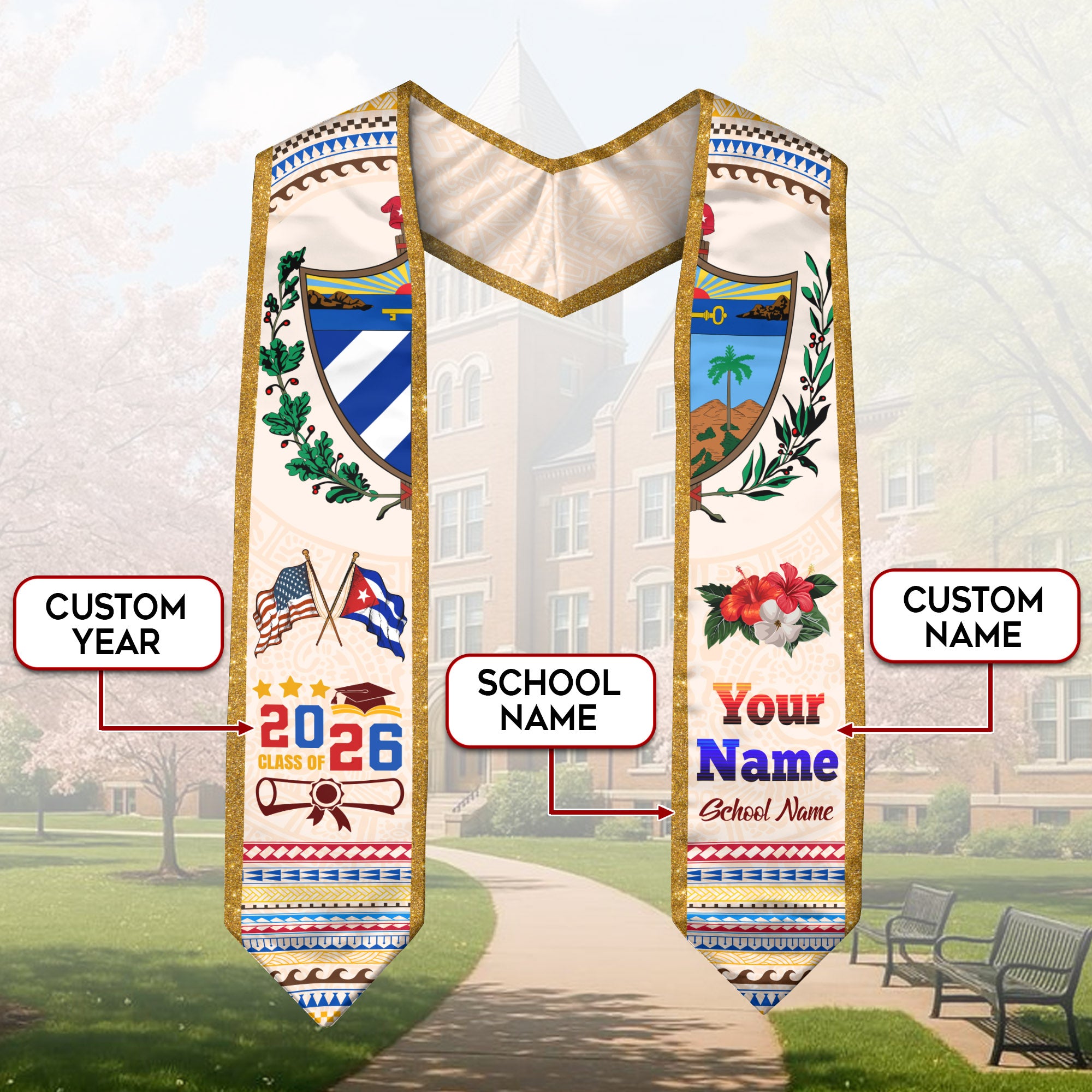 Class of 2026 Cuba Graduation Sash, Cuban Flag Stole, Custom-Ready Graduation Style