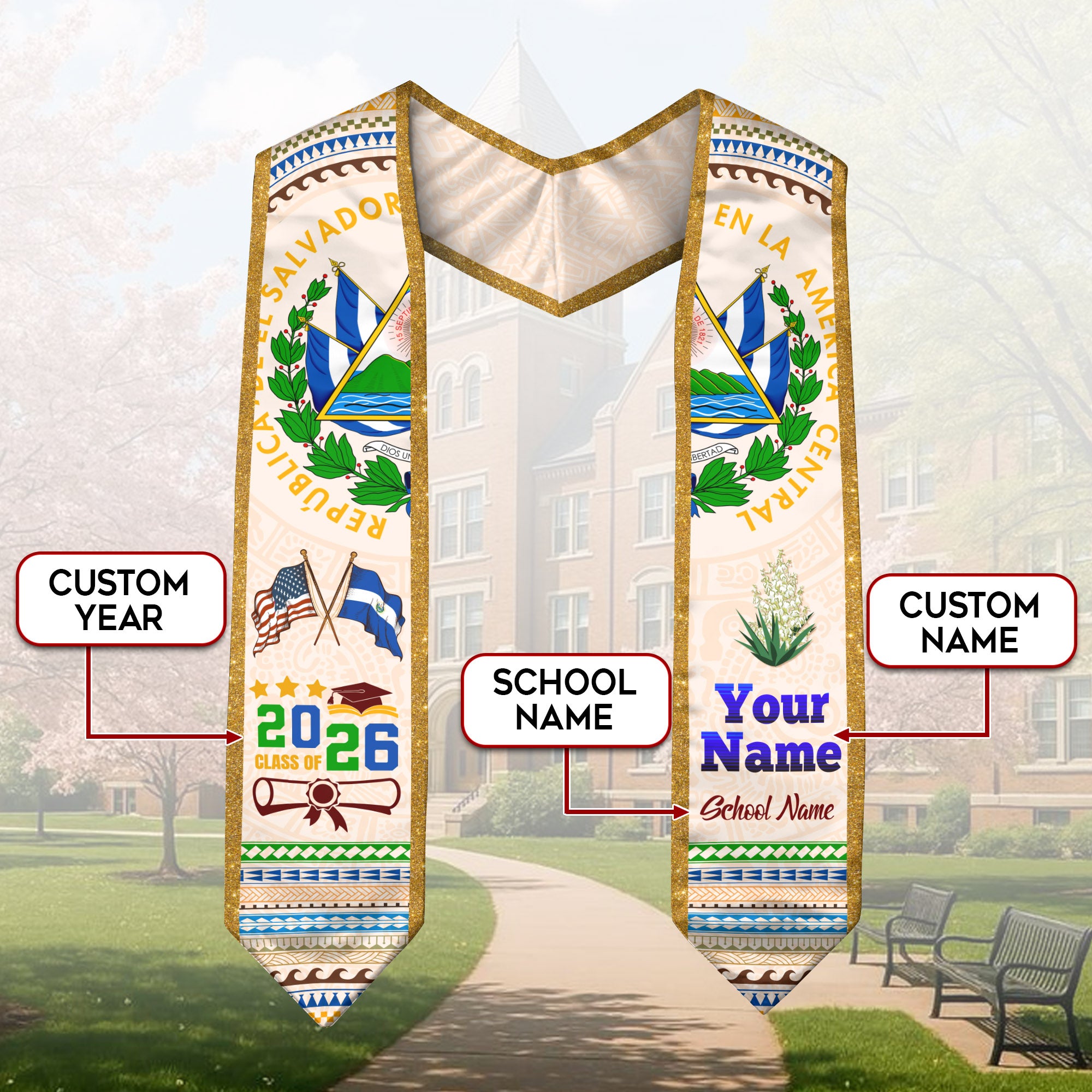 El Salvador Flag 2026, Graduation Stole 2026, Custom Sash, Salvadoran Graduation Stole 2026, Custom Stole