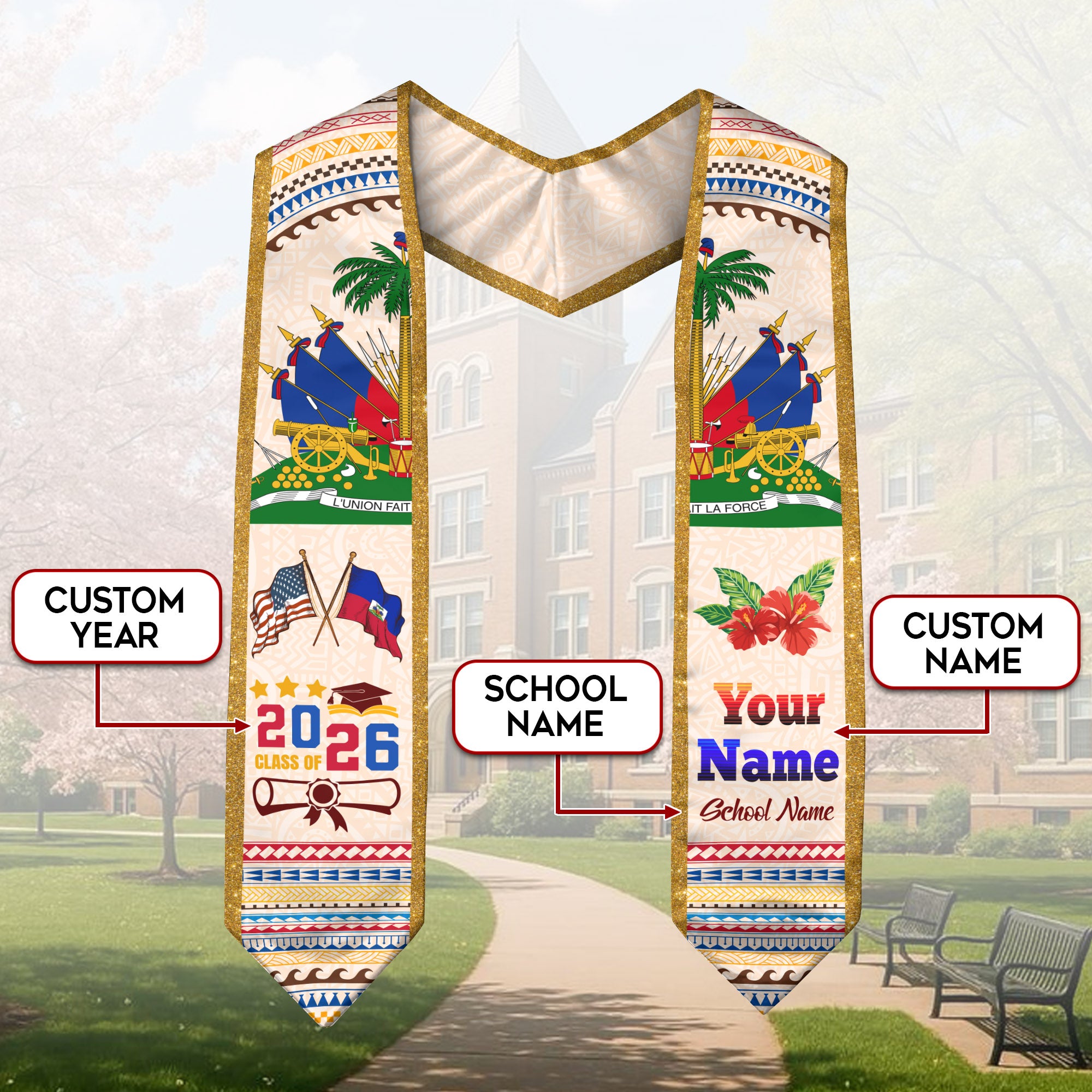 Class of 2026 Haiti Graduation Sash, Haitian Flag Stole, Custom-Ready Graduation Style