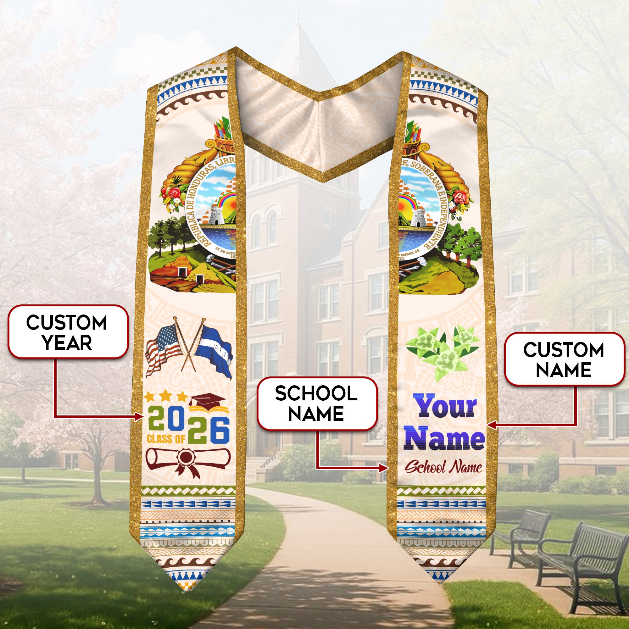 Honduras Flag Graduation Stole 2026, Honduran Grad Sash, Custom Option Class of 2026