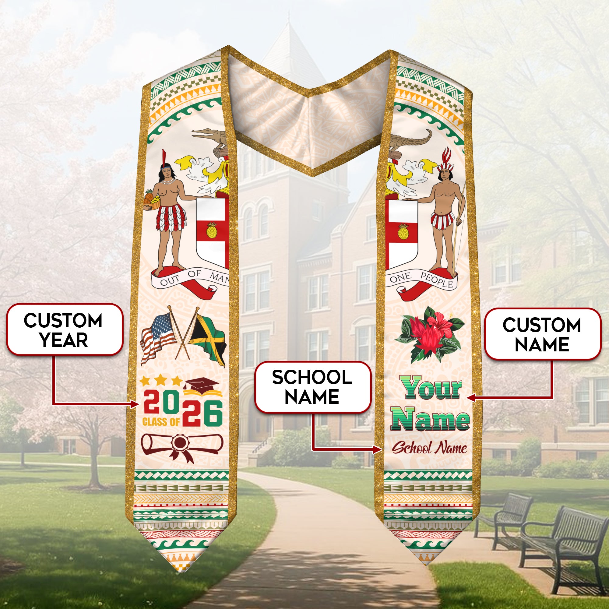 Jamaica Flag Graduation Stole 2026, Custom Sash, Jamaican Graduation Stole for Grads