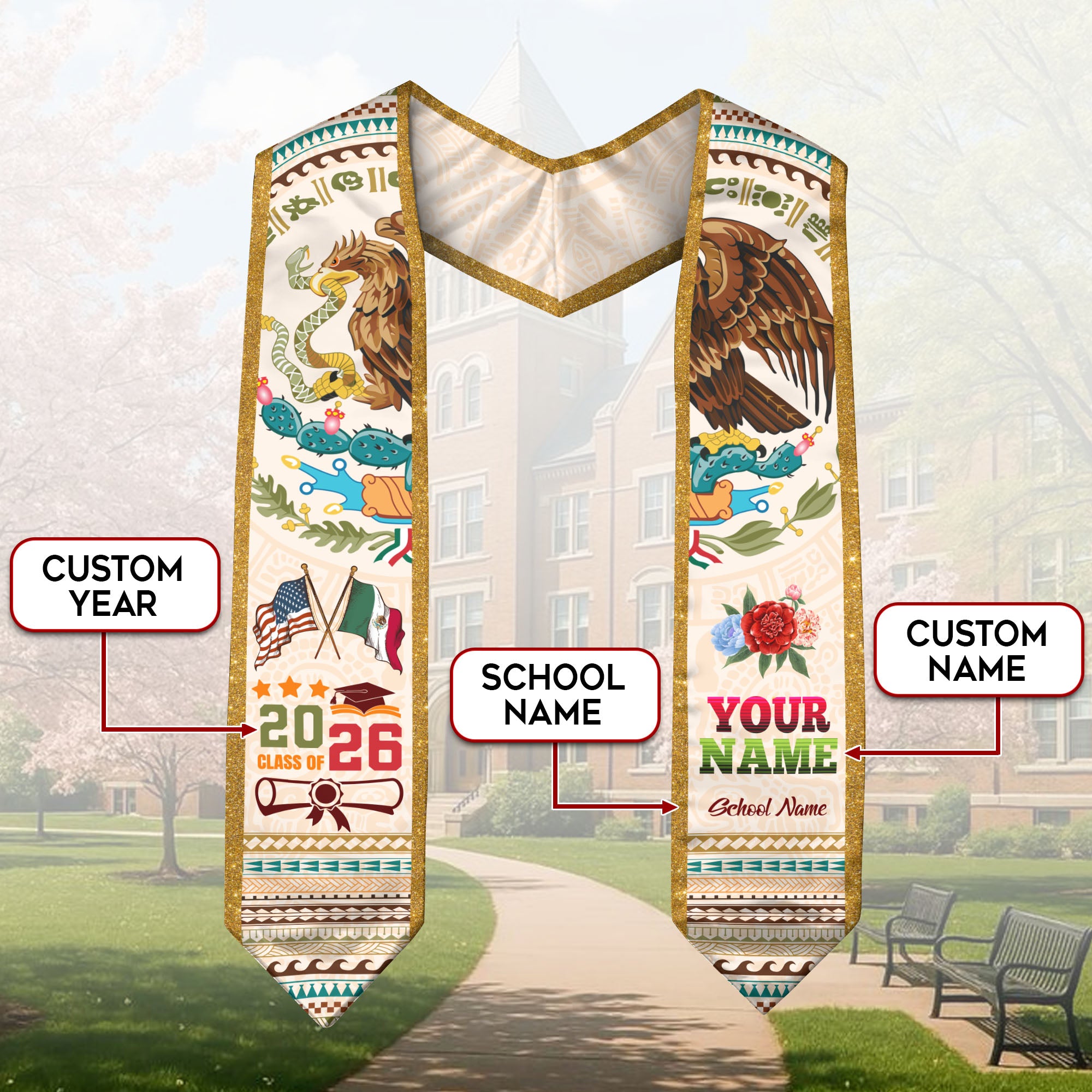 Mexico Graduation Stole 2026, Custom Mexican Graduation Sash, Mexican American Flag Stole