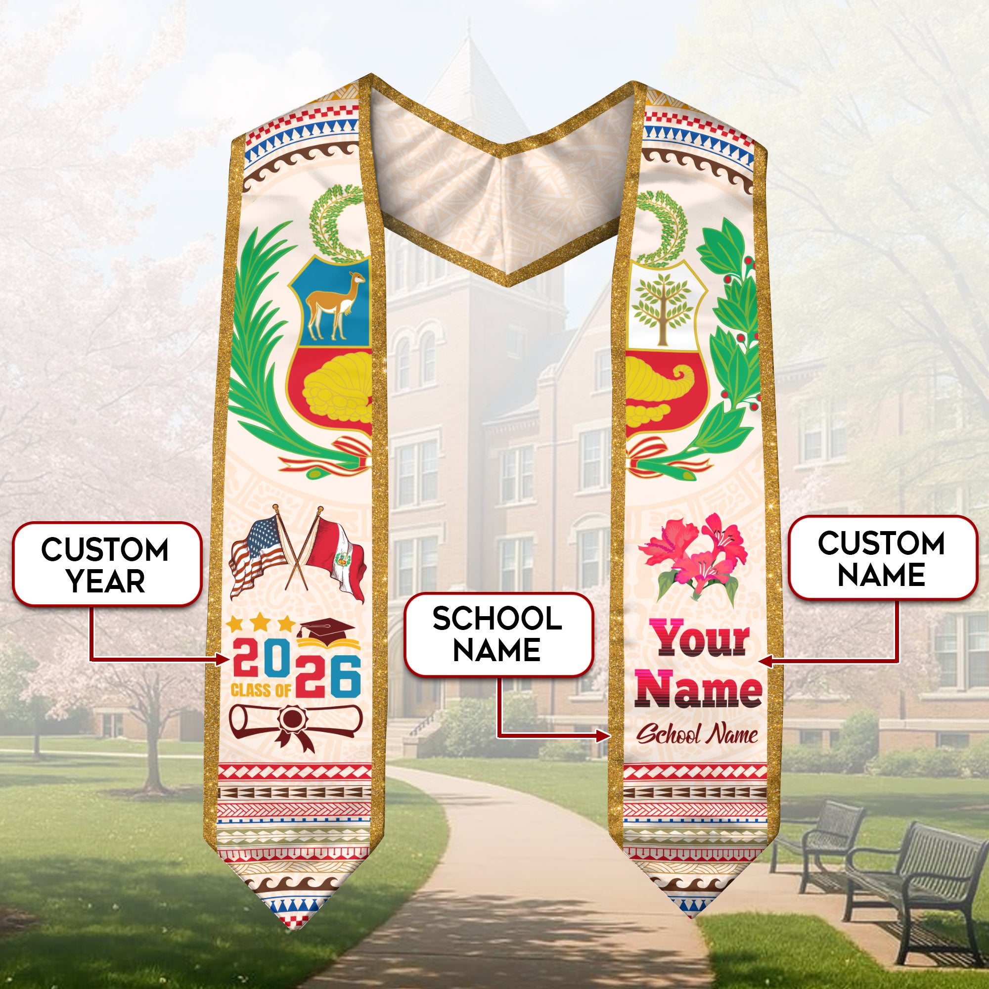 Peru Flag Graduation Stole 2026, Peruvian Grad Sash, Signature Finish for 2026 Grads