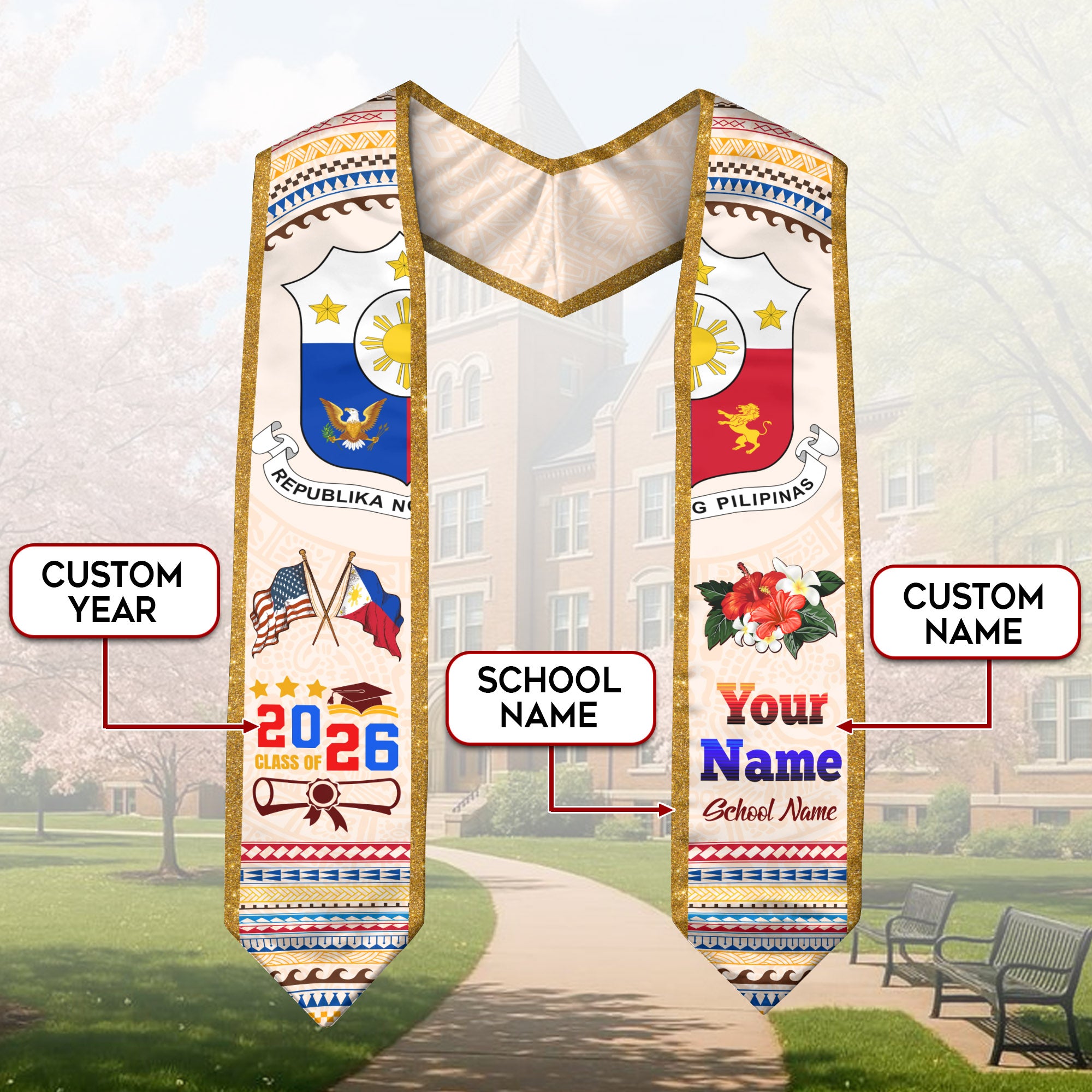 Philippines Flag Graduation Stole 2026, Custom Sash, Filipino Graduation Stole for Grads