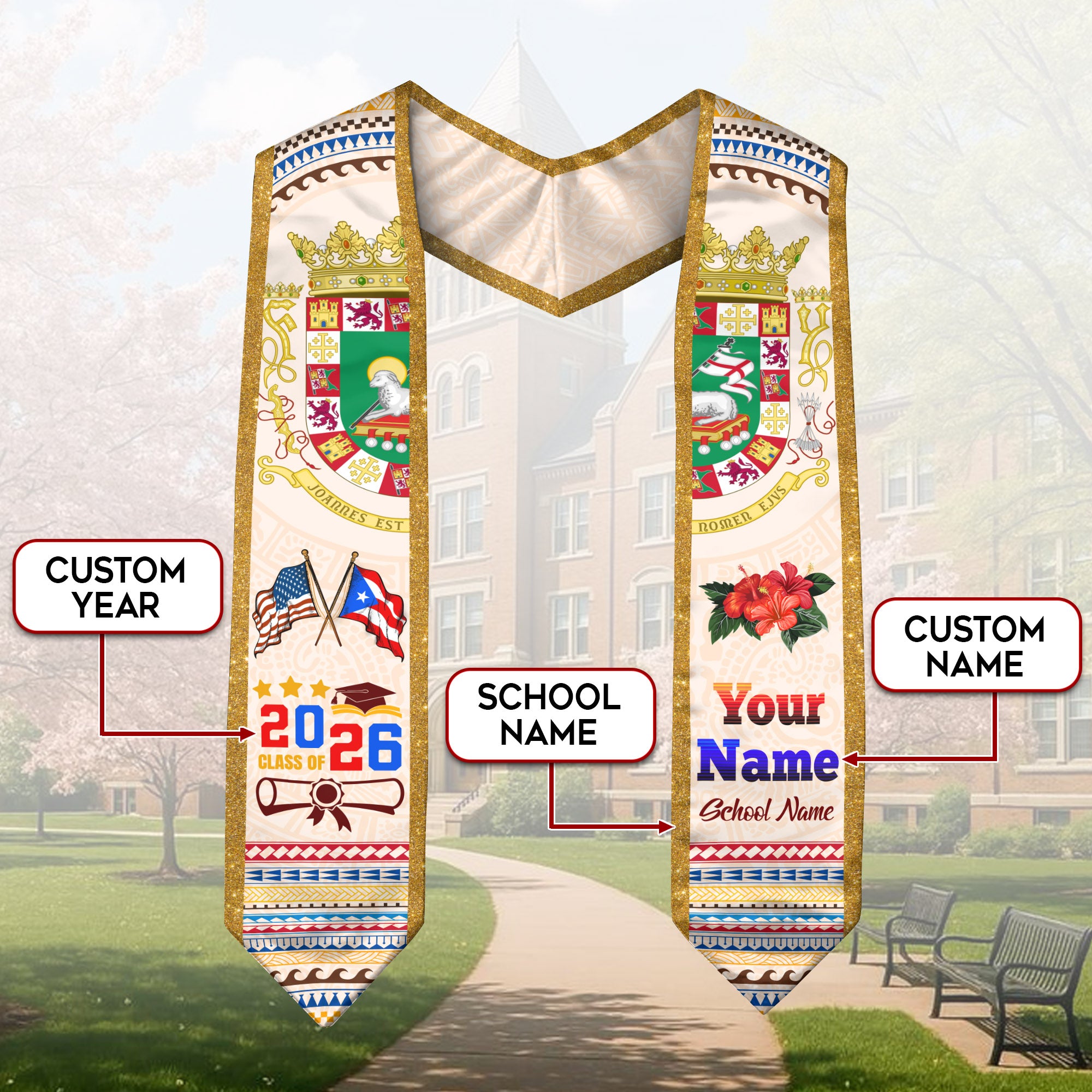 Puerto Rico Graduation Sash 2026, Puerto Rican Flag Graduation Stole, Custom Touch Option