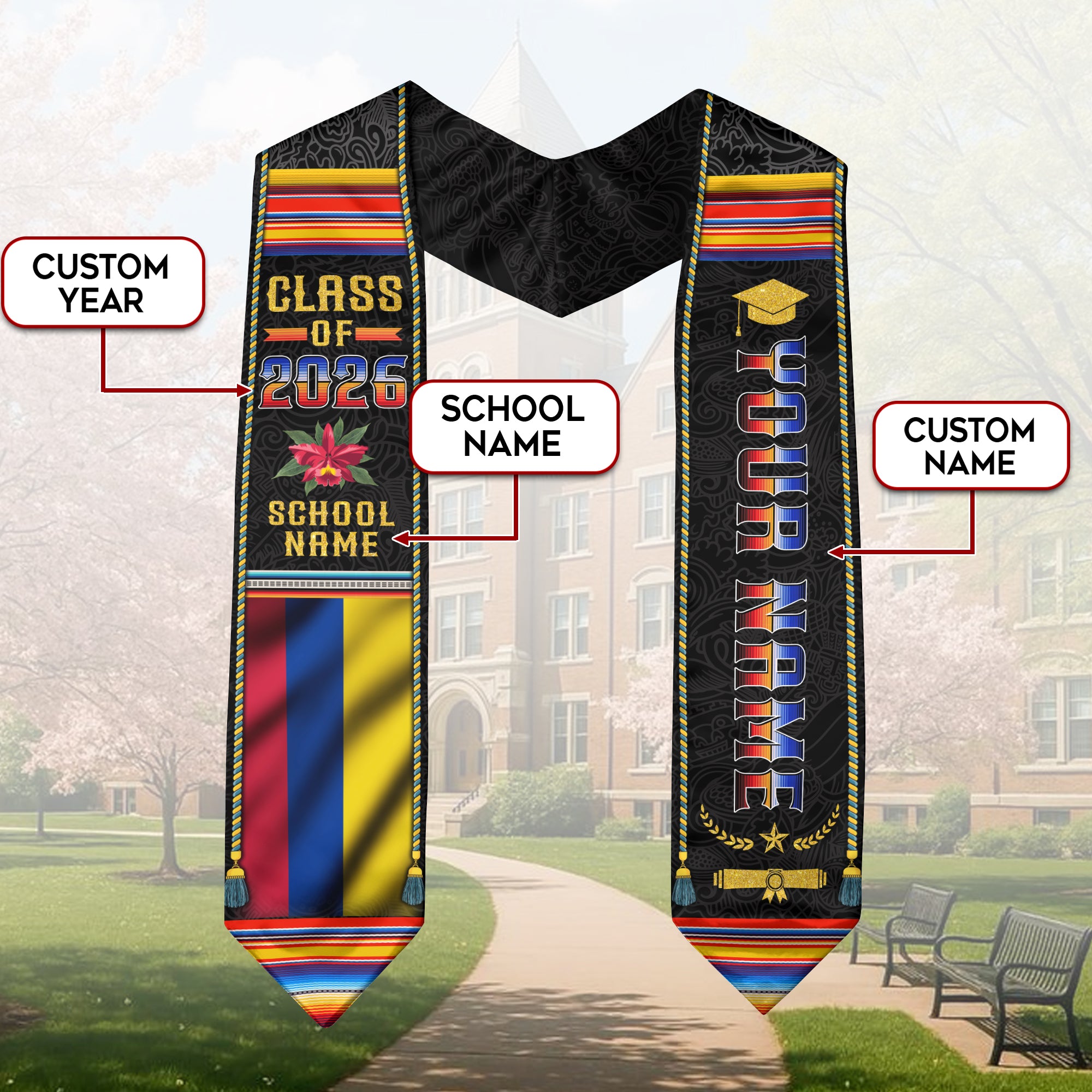 Colombia Flag Graduation Stole 2026, Colombian Grad Sash, Bespoke Touch Accessory