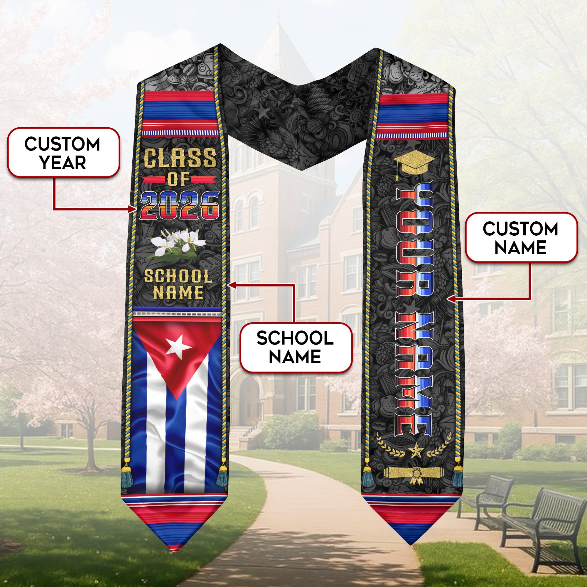 Cuba Flag Graduation Stole 2026, Cuban Grad Sash, Bespoke Touch Graduation Accessory