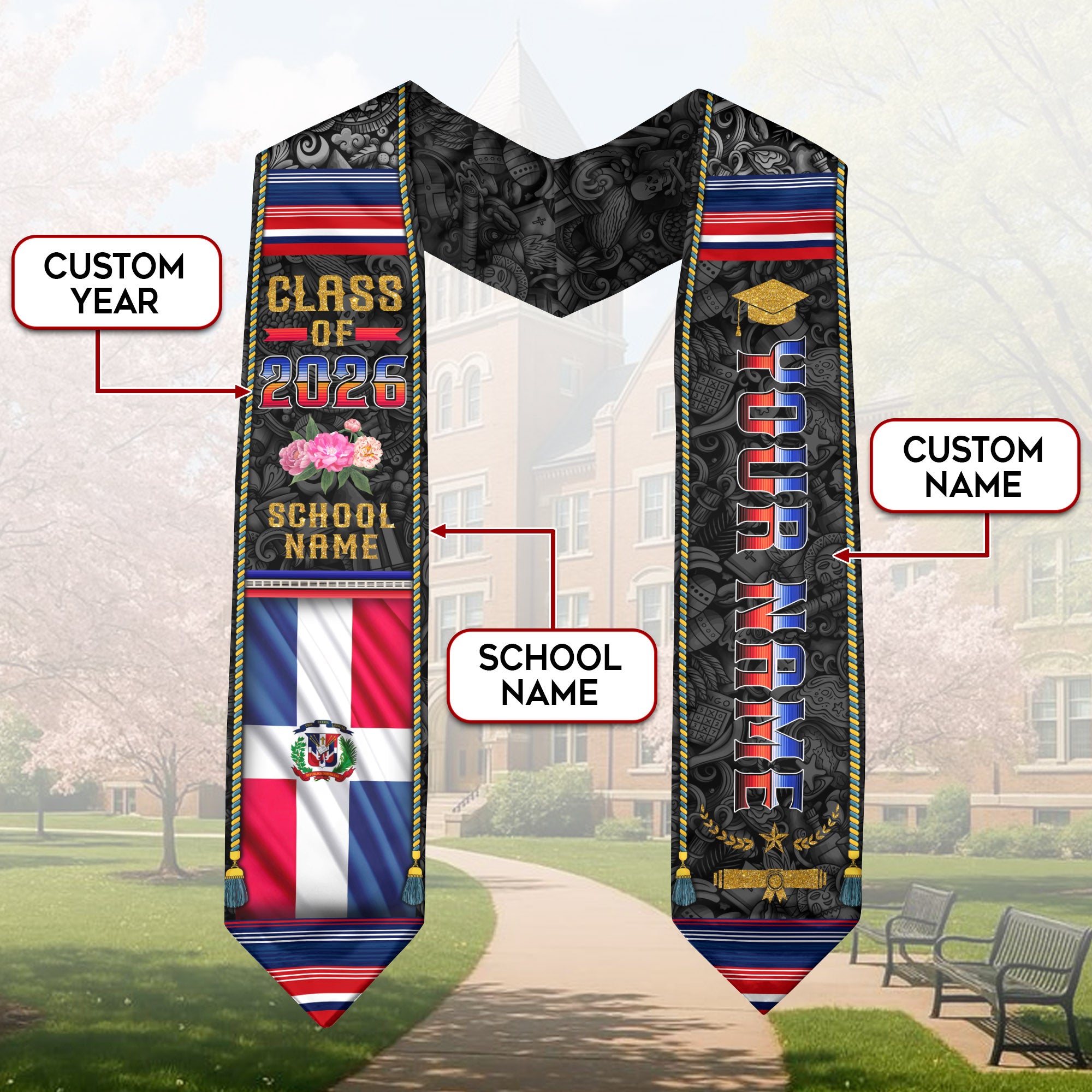 Dominican Flag Graduation Stole 2026, Dominican Stole Sash, Custom Finish for Grads