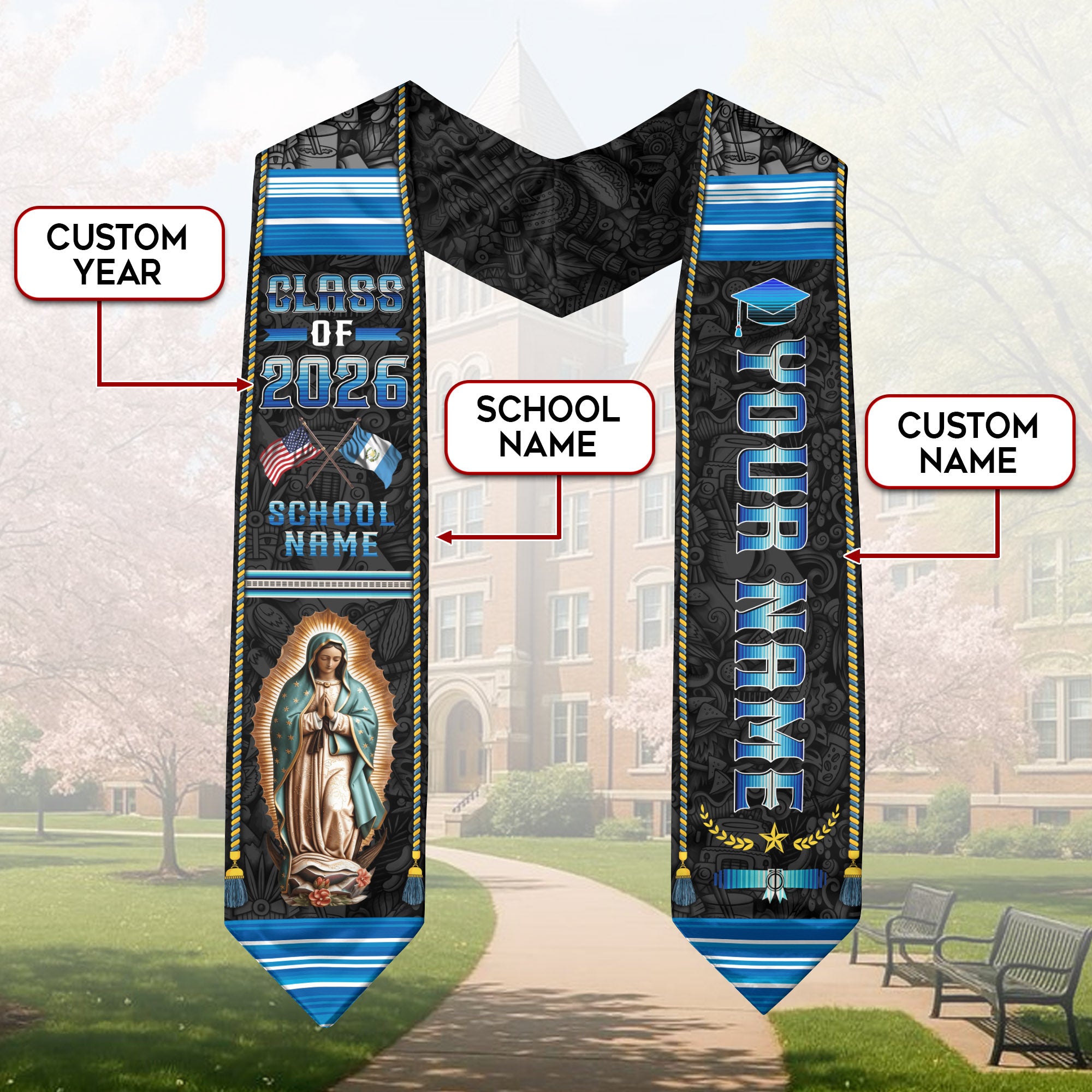 Custom Guatemala Graduation Sash 2026, Guatemalan Flag Stole, Graduation Stole 2026