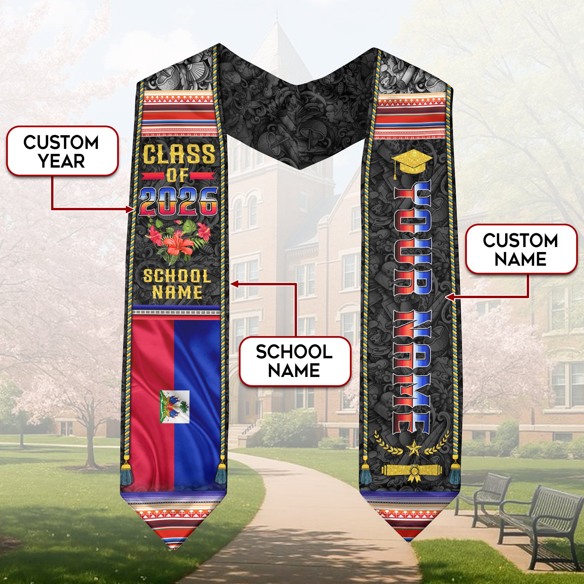 Haiti Flag Graduation Stole 2026, Haitian Grad Sash, Bespoke Touch Graduation Accessory