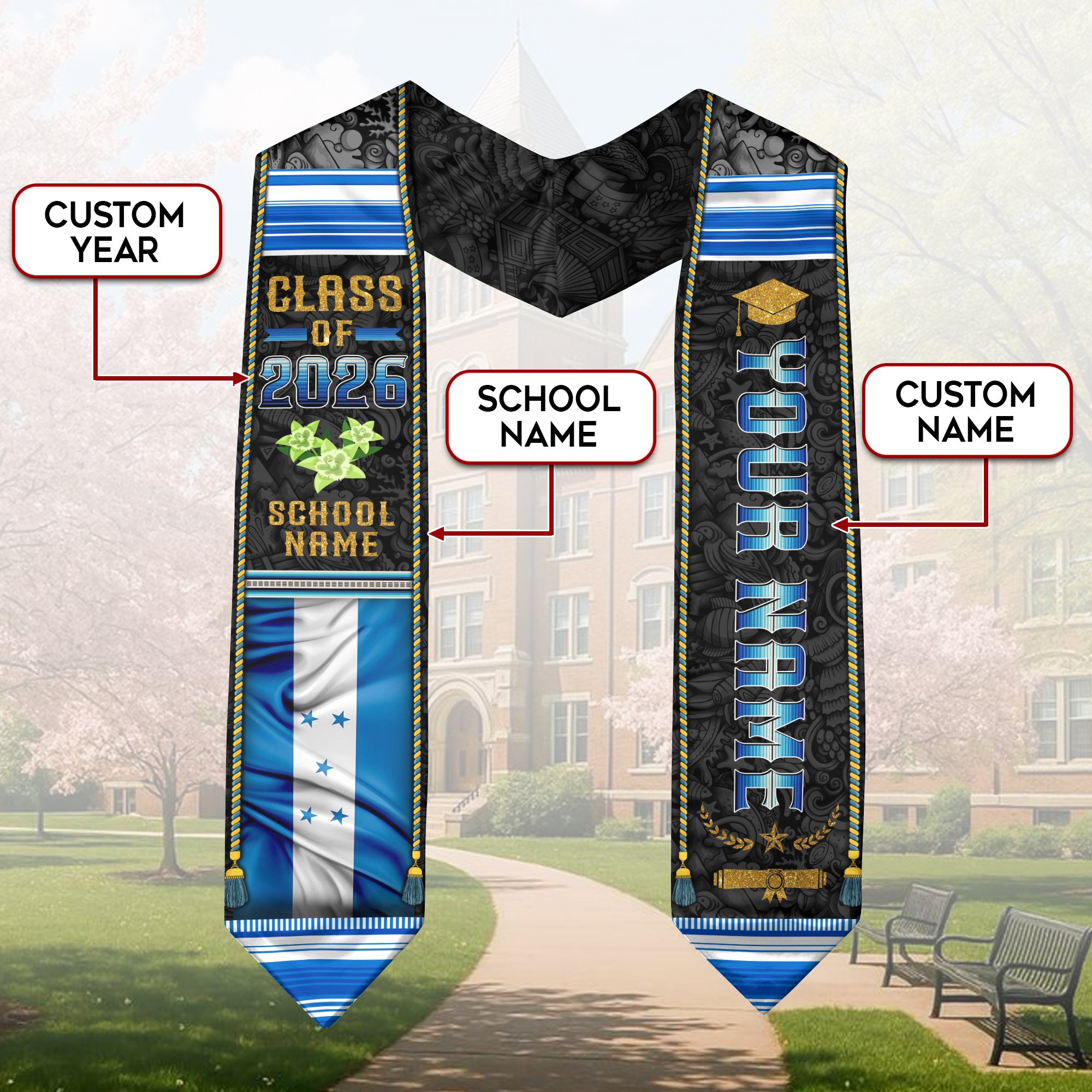 Honduran Graduation Stole 2026, Honduras Flag Sash, Graduation Stole with Custom Details