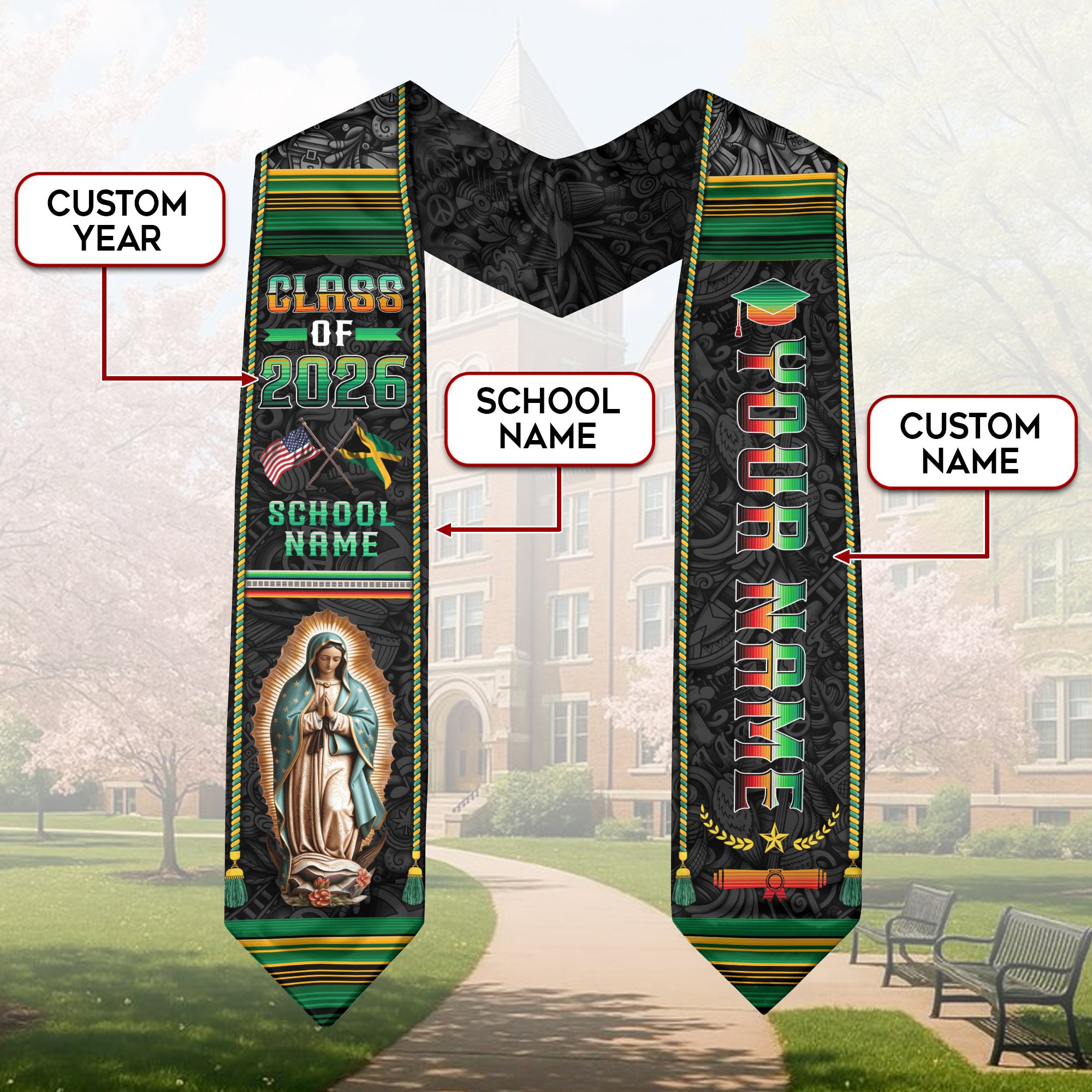 Custom Jamaica Graduation Sash 2026, Jamaican Flag Stole, Graduation Stole 2026 Jamaica