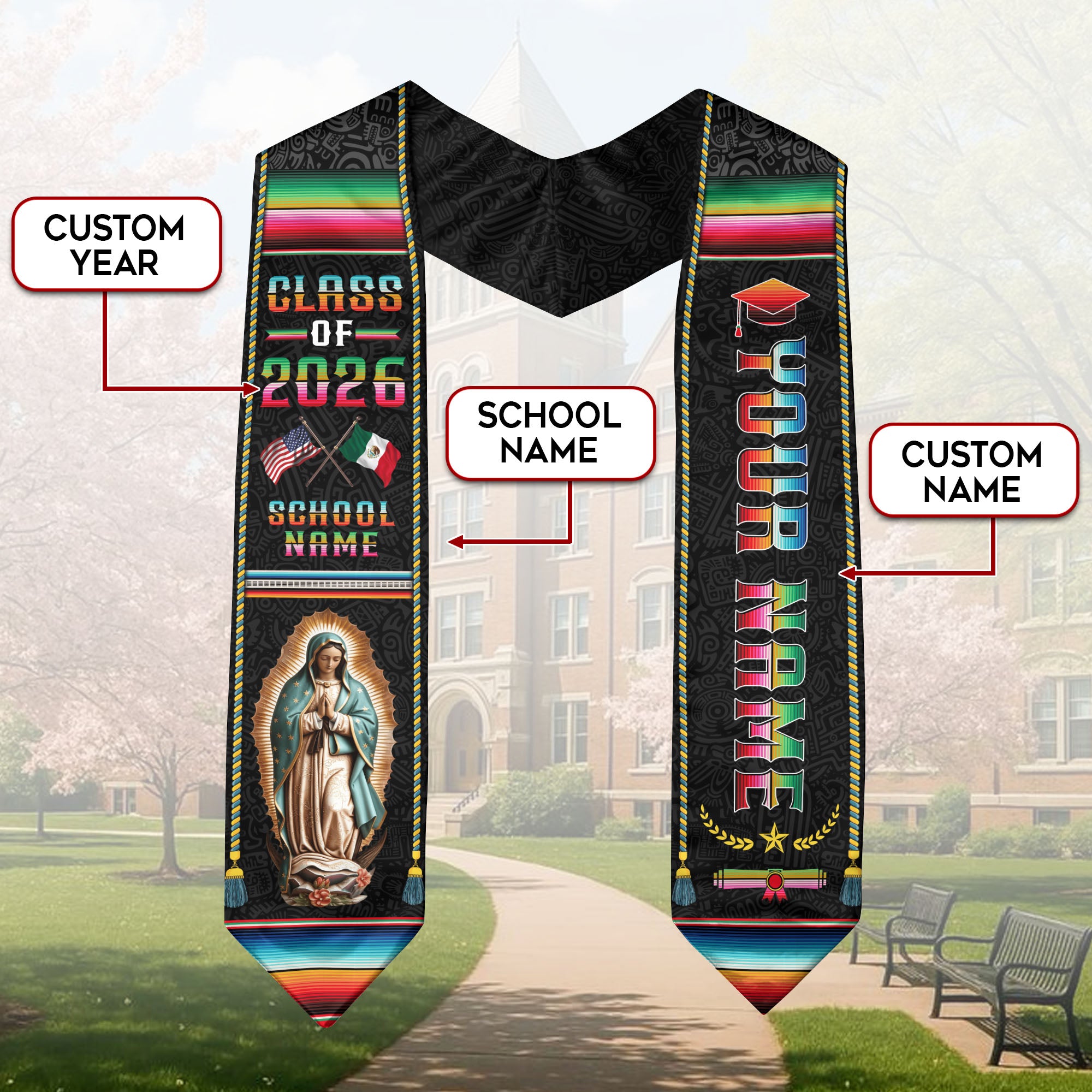 Customizable Mexican Graduation Stole 2026, Mexican American Flag Sash, Mexico Grad Stole