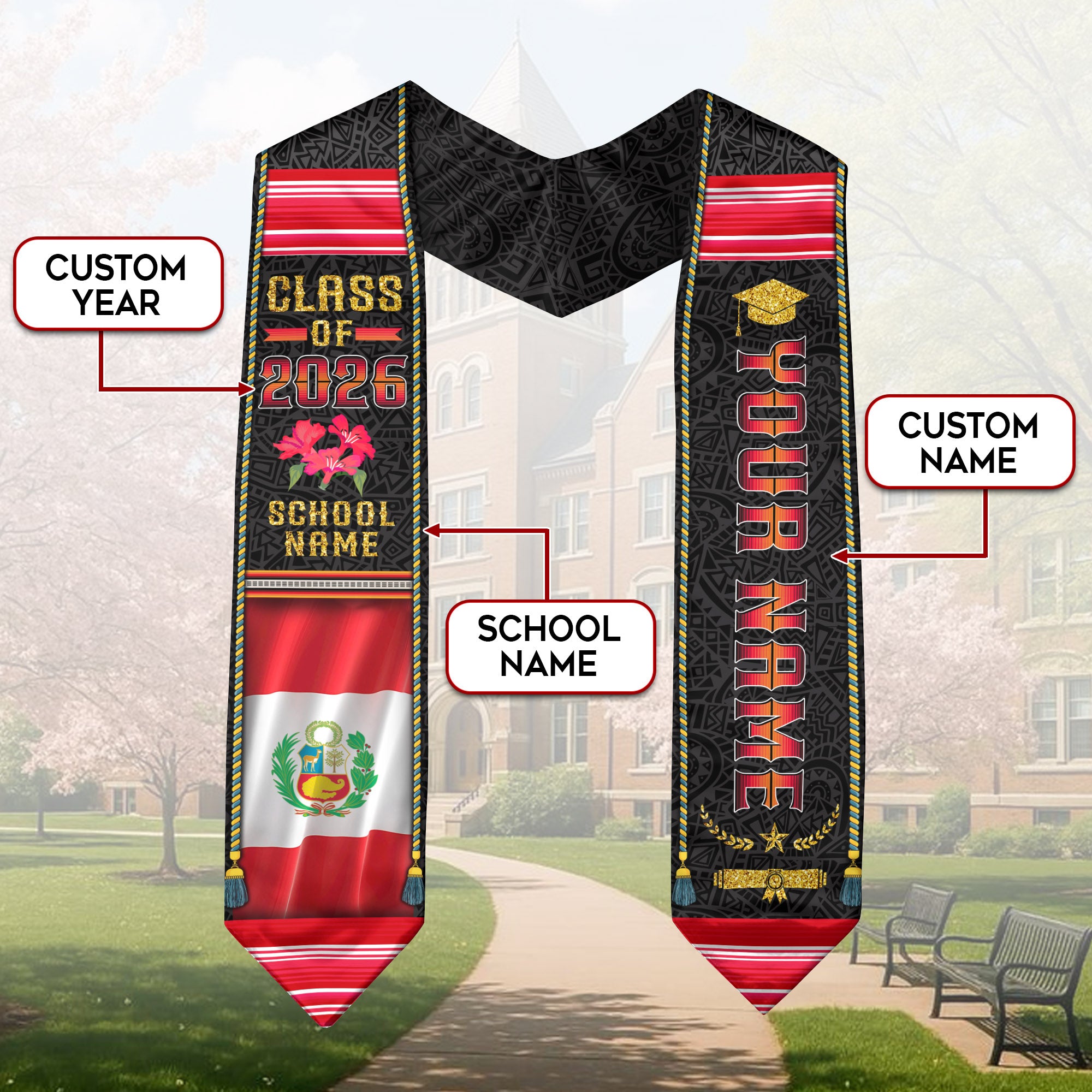 Peruvian Graduation Sash 2026, Peru Flag Graduation Stole, Personalized Detail for Grads