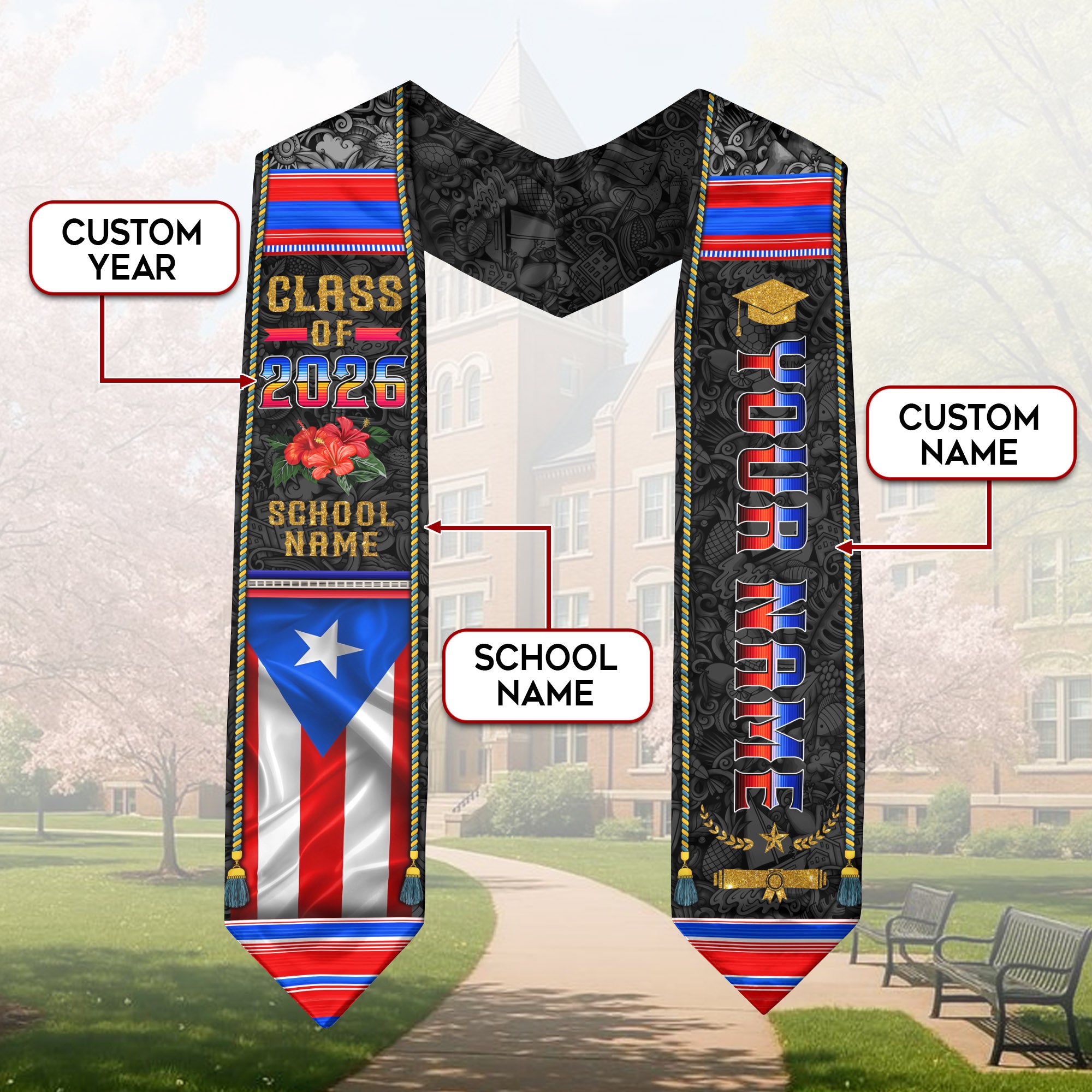 Puerto Rican Flag Graduation Stole 2026, Puerto Rico Stole Sash, Custom Finish for Grads