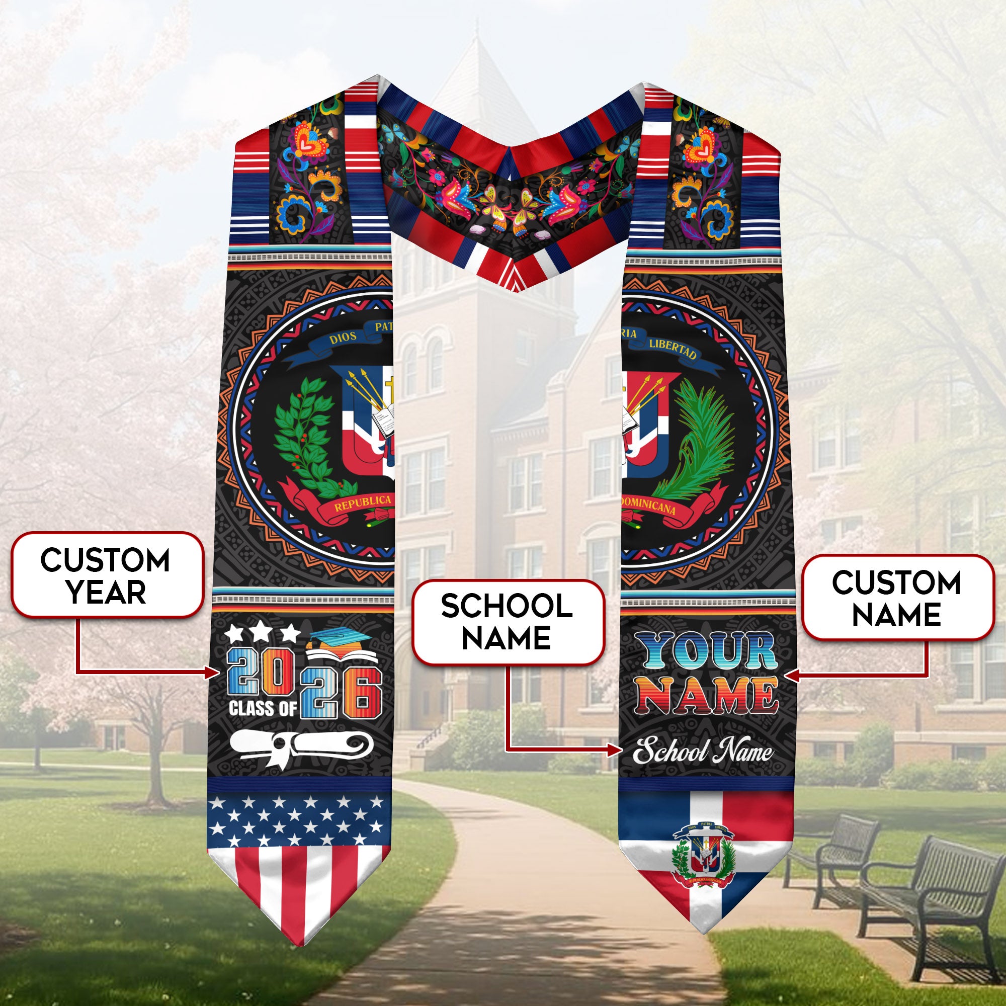 Dominican Graduation Stole 2026, Dominican Flag Sash, Custom Detail Choice for 2026