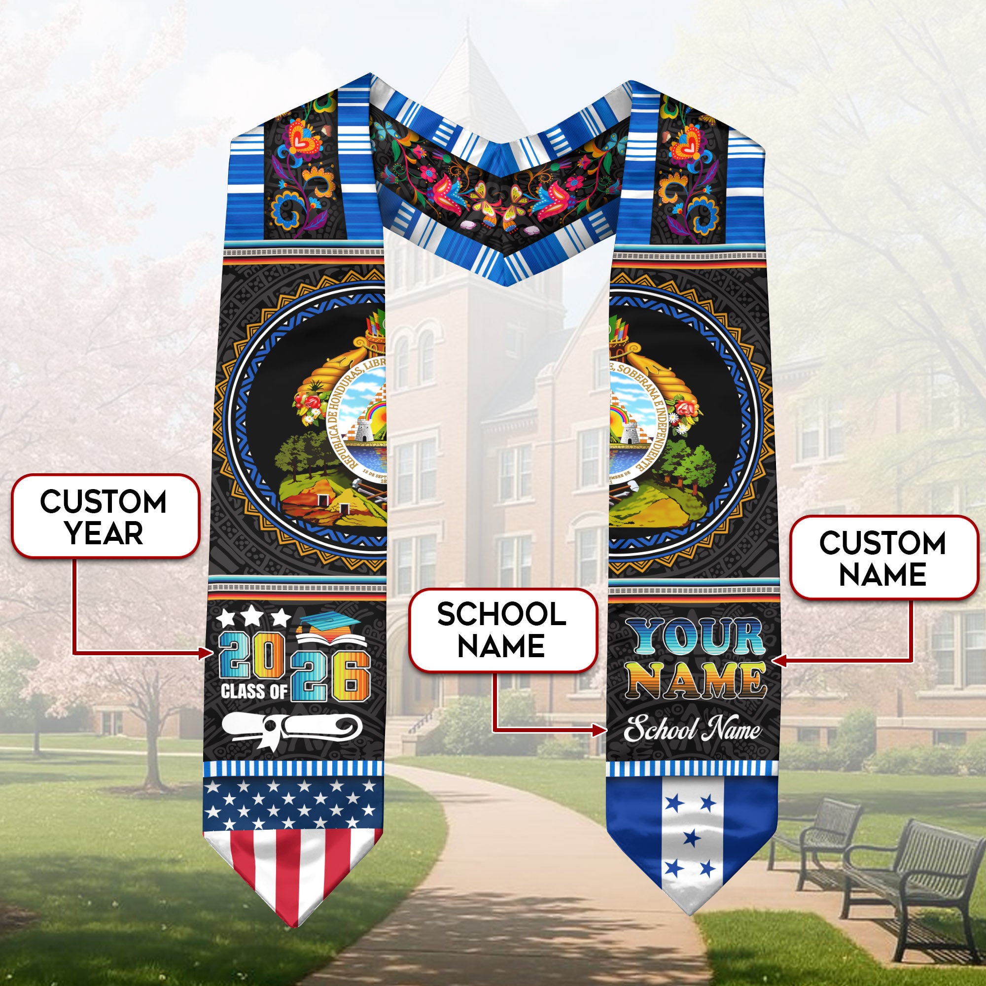 Honduras Graduation Sash 2026, Honduran Flag Stole, Custom Touch Graduation Stole
