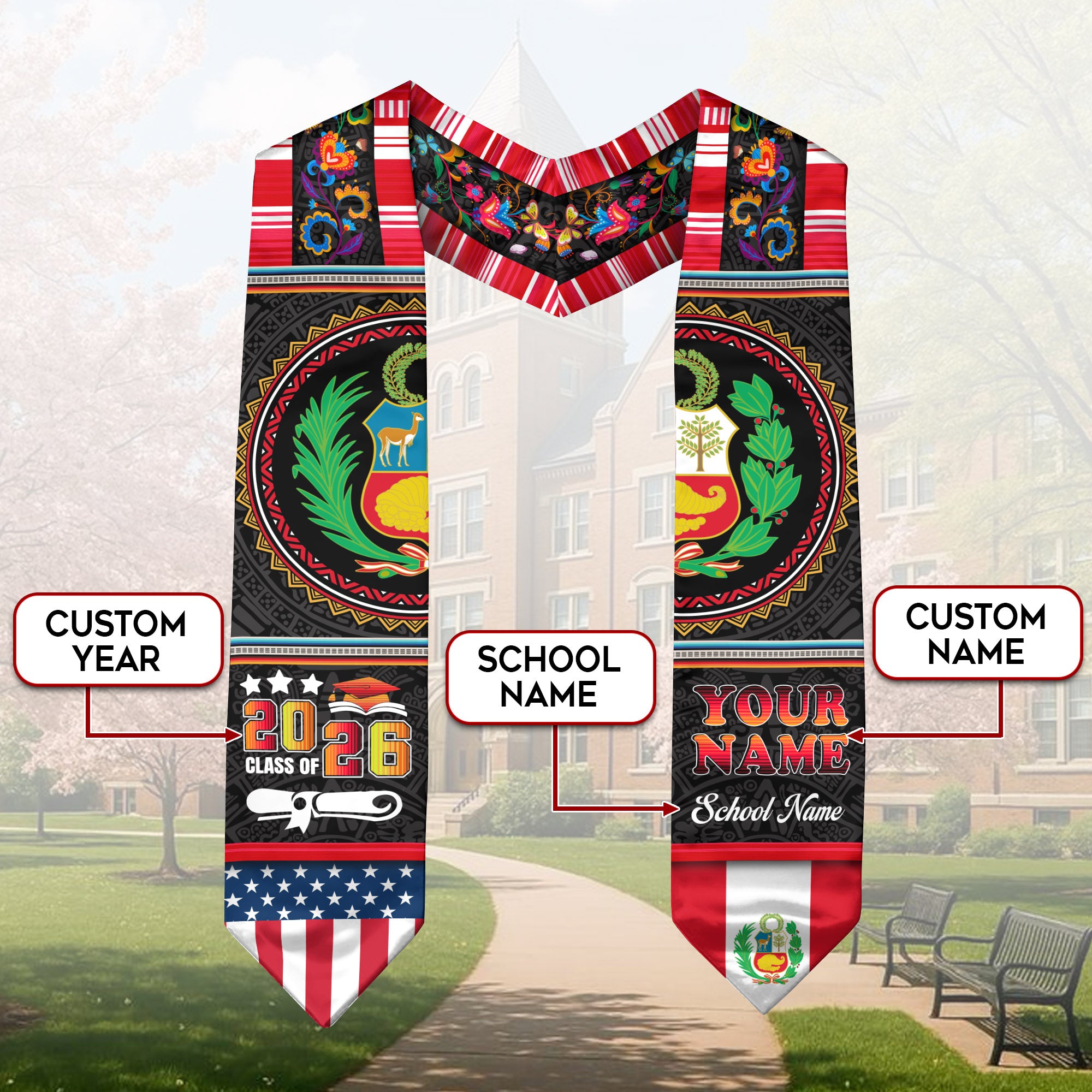 Peru Graduation Stole 2026, Peruvian Flag Sash, Custom-Ready Style for Class of 2026