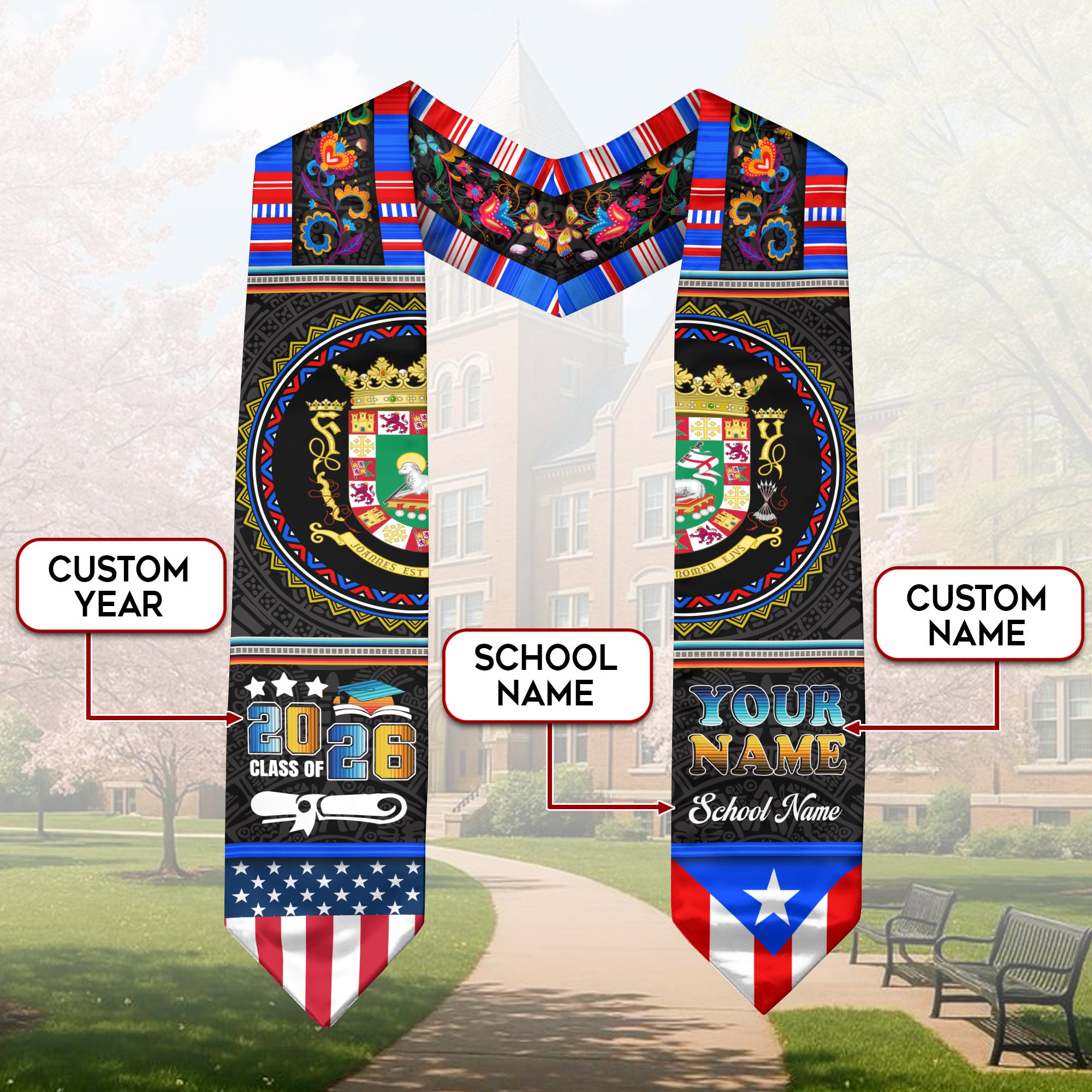 Puerto Rican Graduation Stole 2026, Puerto Rico Flag Sash, Custom Detail Choice 2026