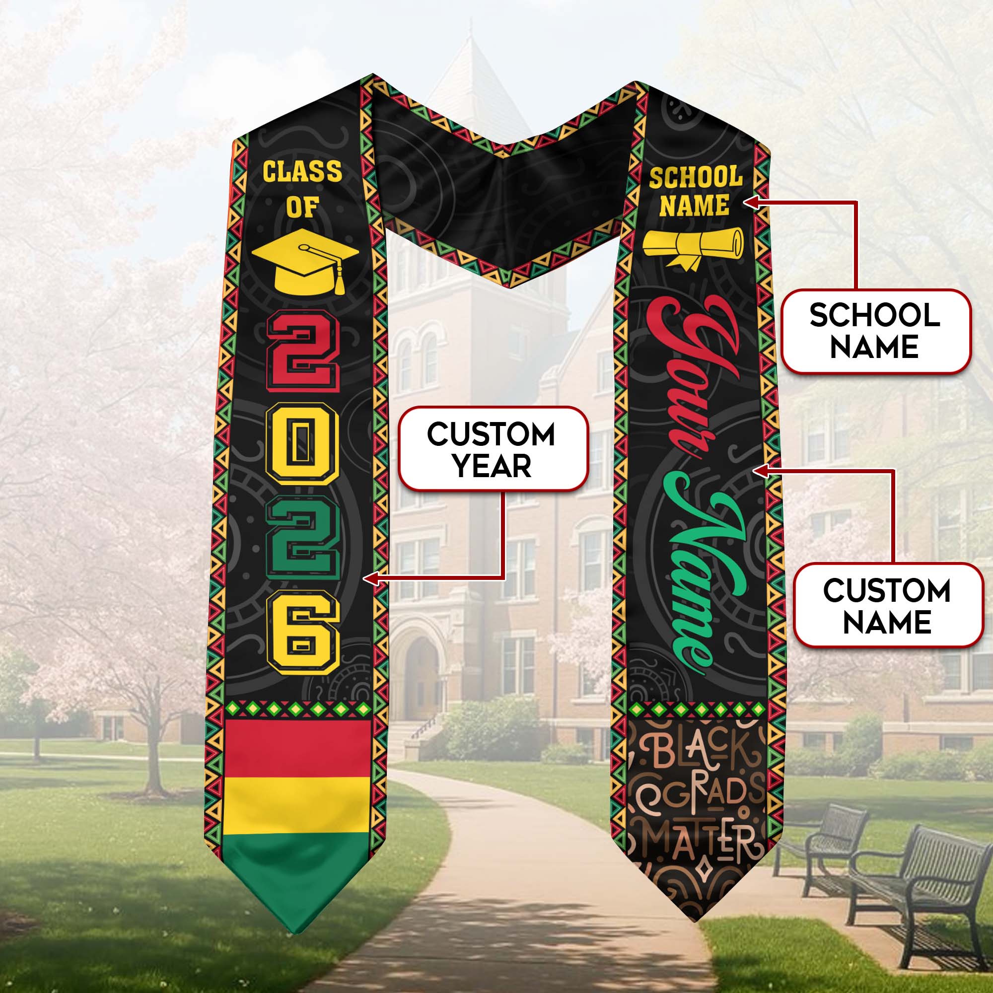 African Flag Graduation Sash 2026, Africa Stole, Custom Detail Option for Graduates