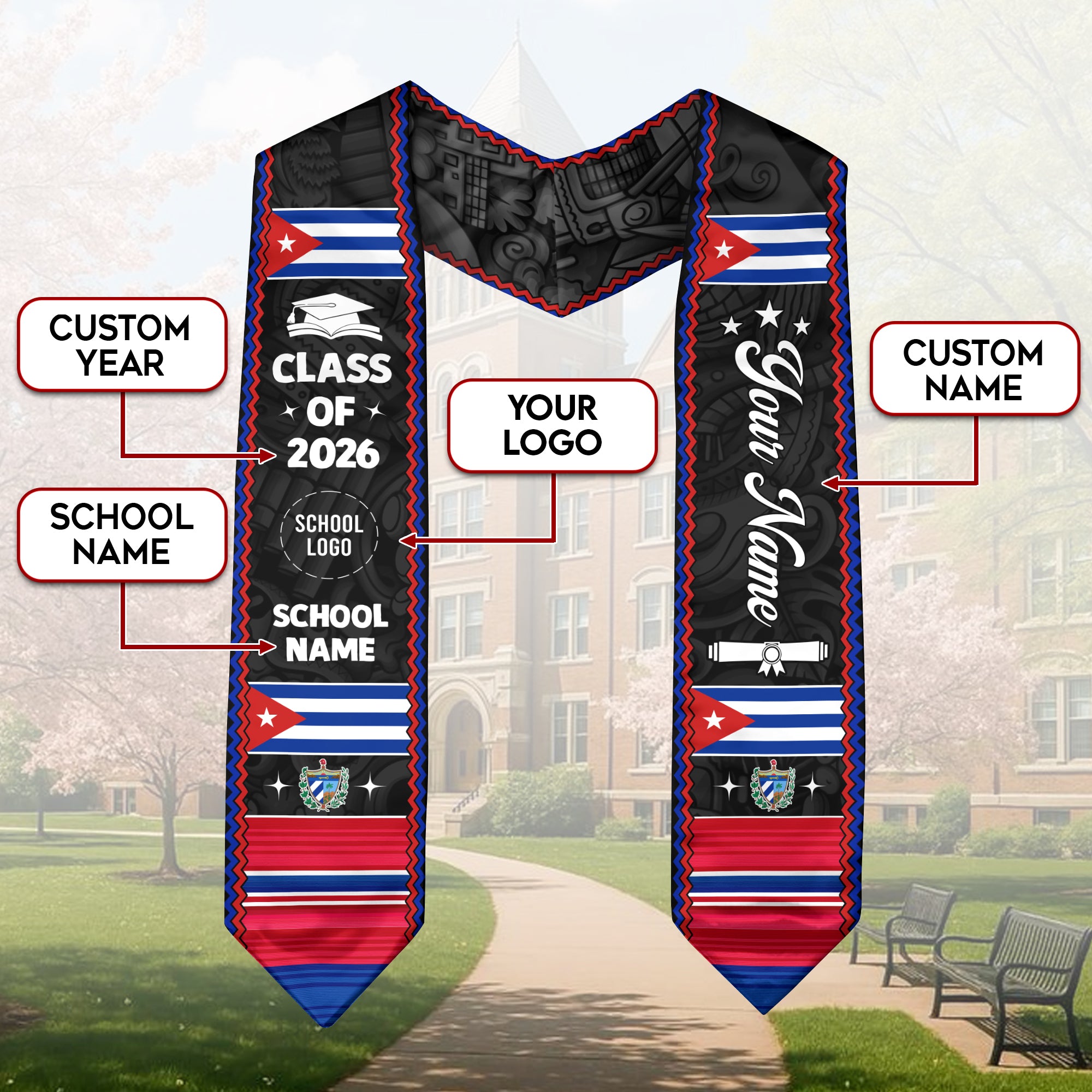 Cuban Flag Graduation Stole 2026, Cuba Graduation Sash, Personalized Stole for Graduates