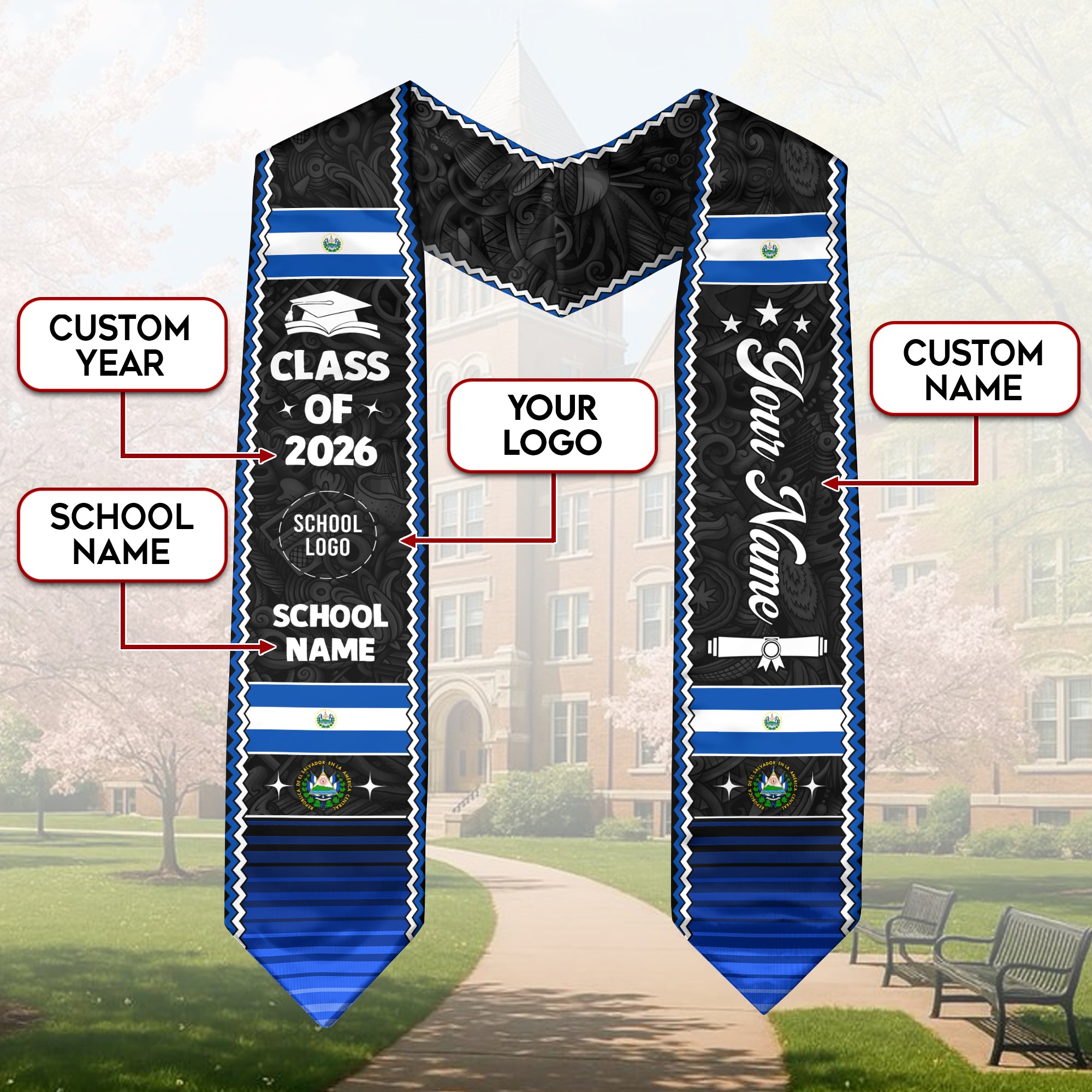 El Salvador Stole 2026, Latin American Graduation Sash, Honor Your Salvadoran Heritage