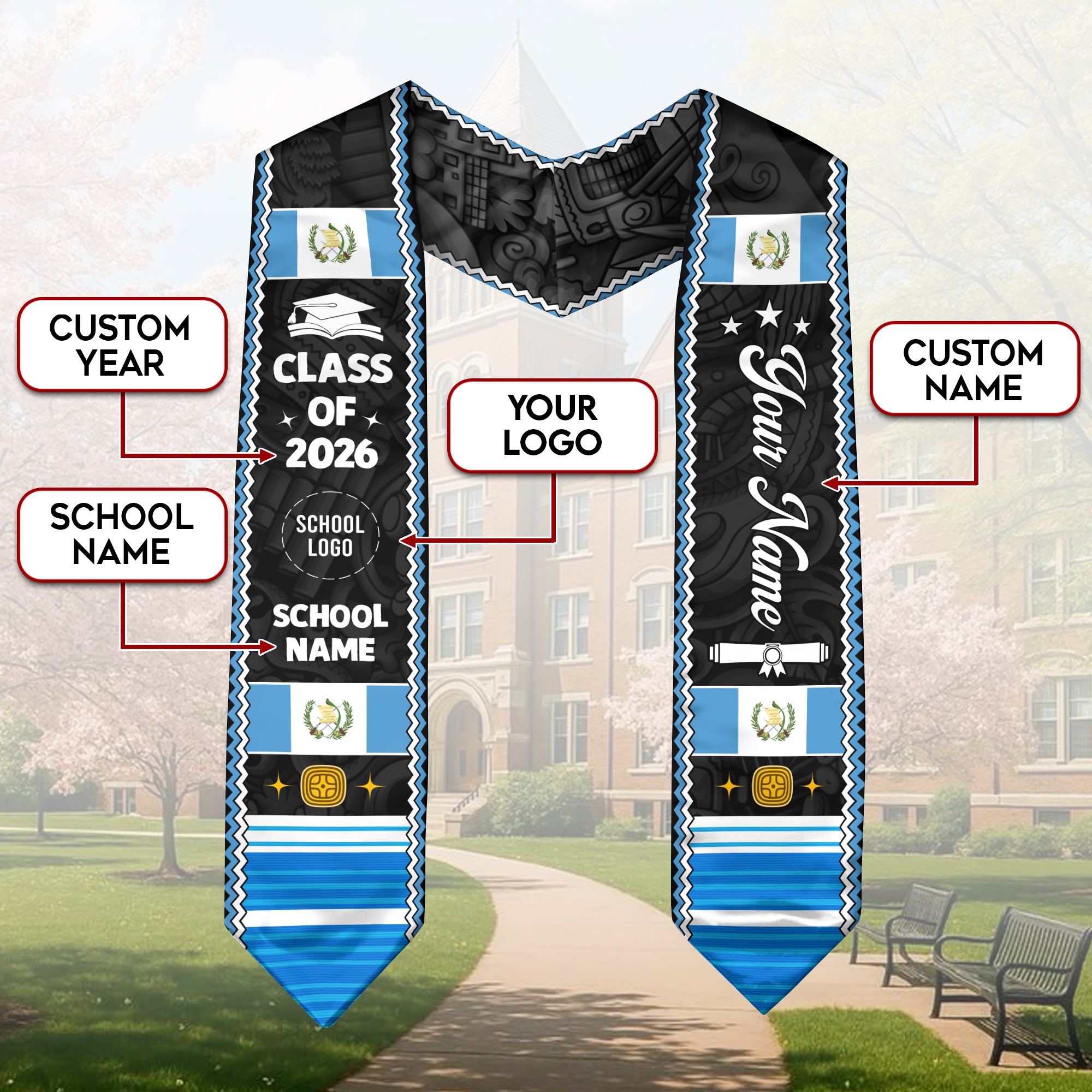 Customized Guatemala Flag Graduation Stole 2026, Guatemalan Graduation Sash, Polished Custom Look